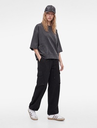 Cep Detaylı Yıkamalı Kısa Kollu Bisiklet Yaka Pamuklu Oversize Sweatshirt