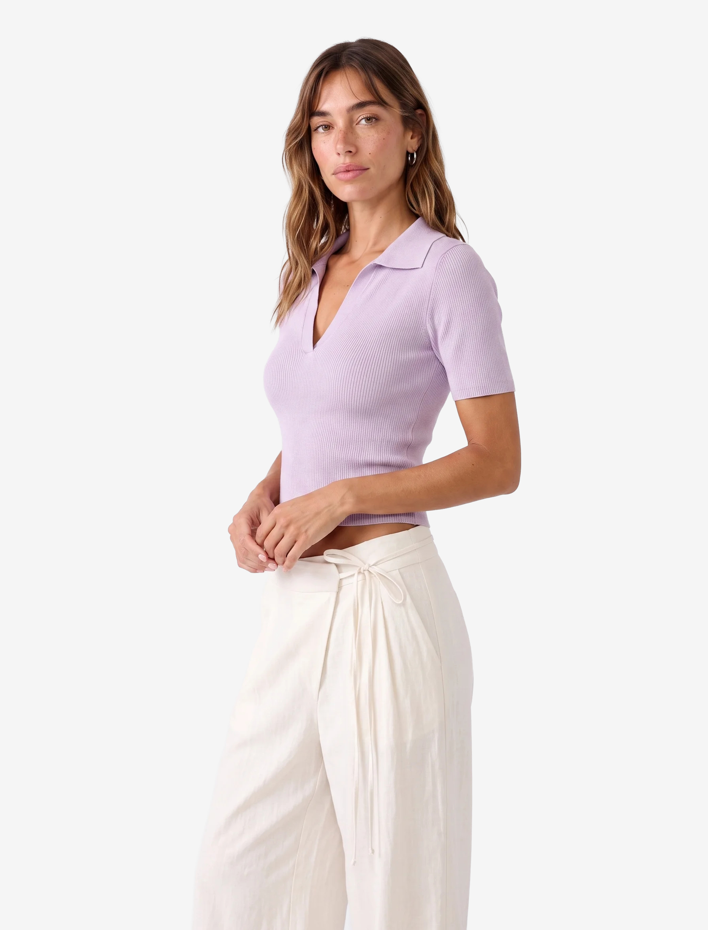   Slim Fit Kısa Kollu Parıltılı Polo V Yaka Triko Kazak