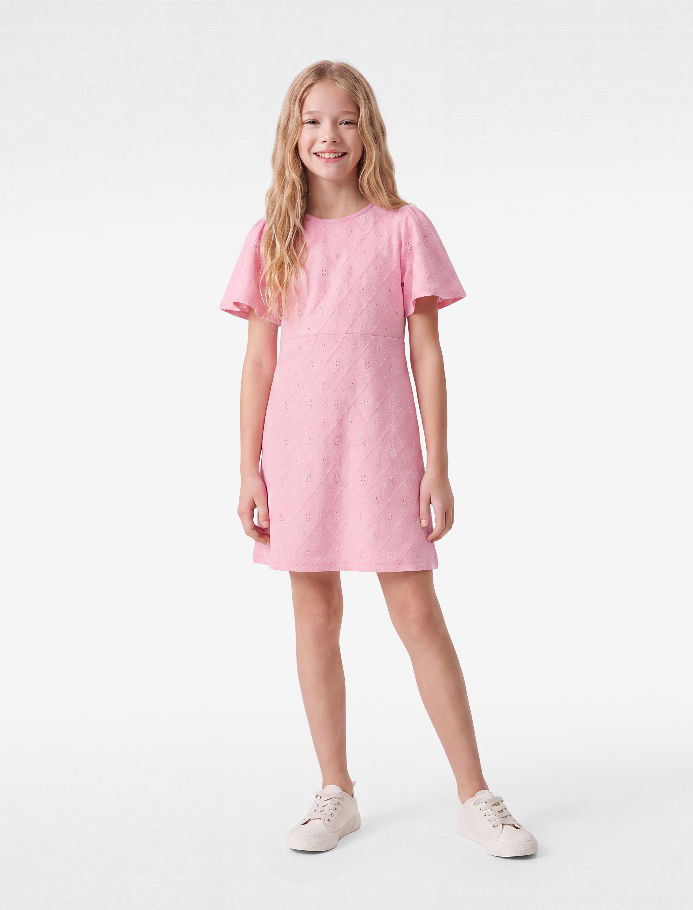  Kız Çocuk Fiyonk Detaylı Bisiklet Yaka Pencere Detaylı Gipeli Kısa Kollu Elbise