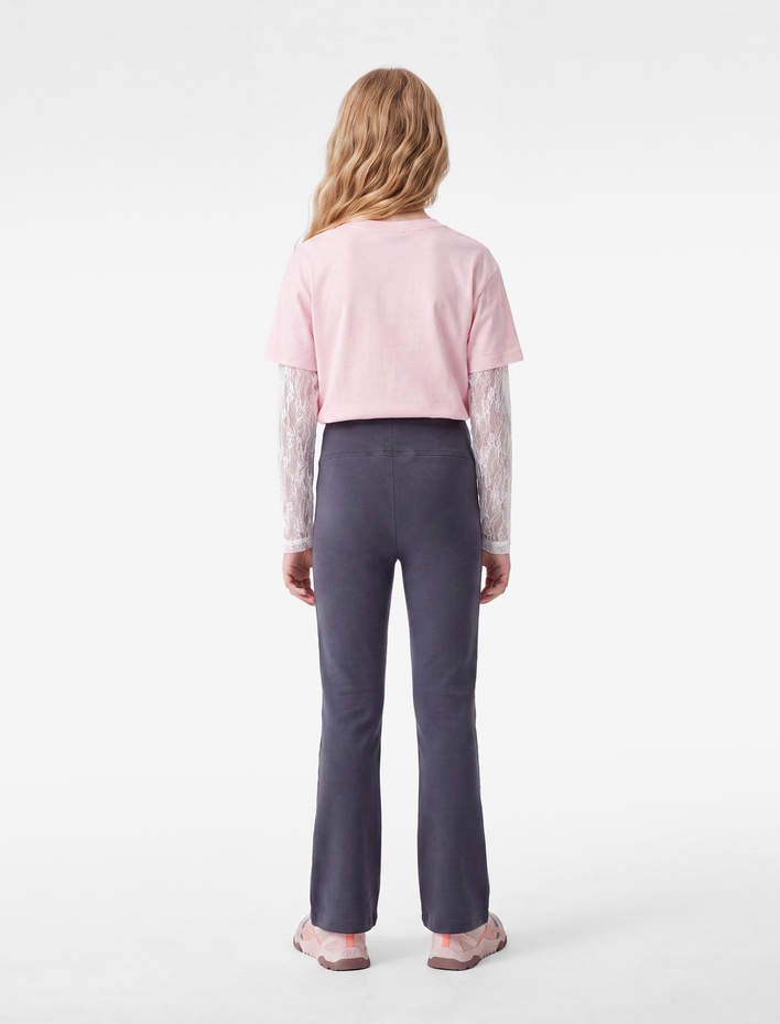 Kız Çocuk Pamuklu Slim Fit Nakış Detaylı İspanyol Paça Tayt