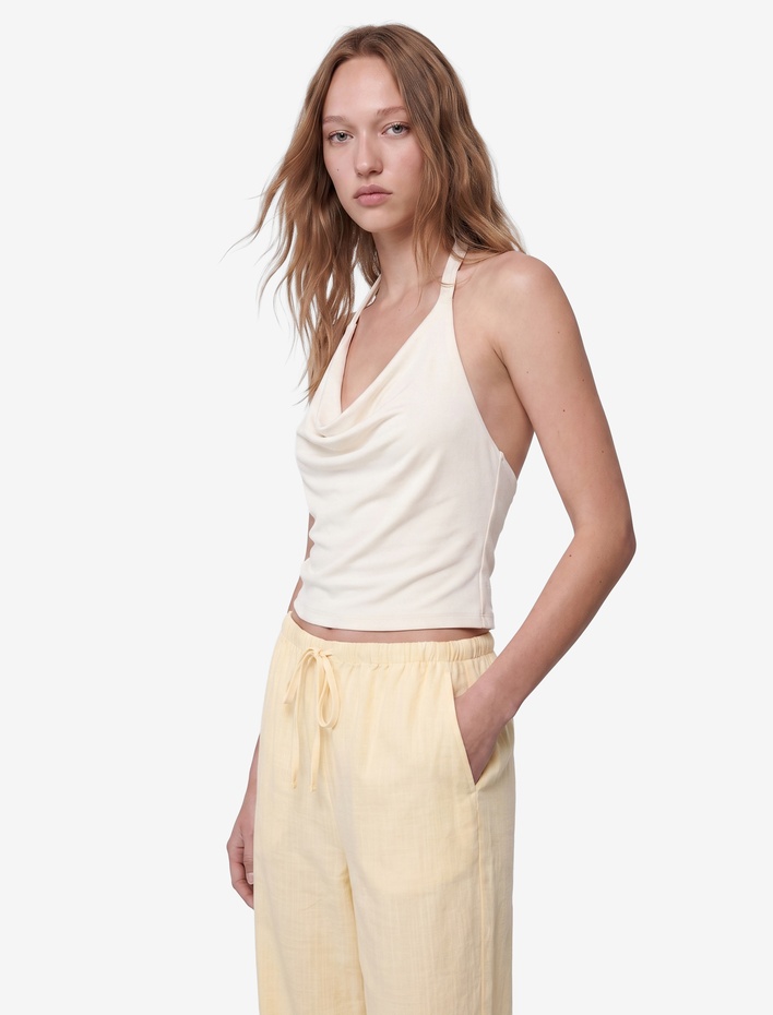  Beli Bağcıklı Viskon Karışımlı Uzun Geniş Paça Pantolon
