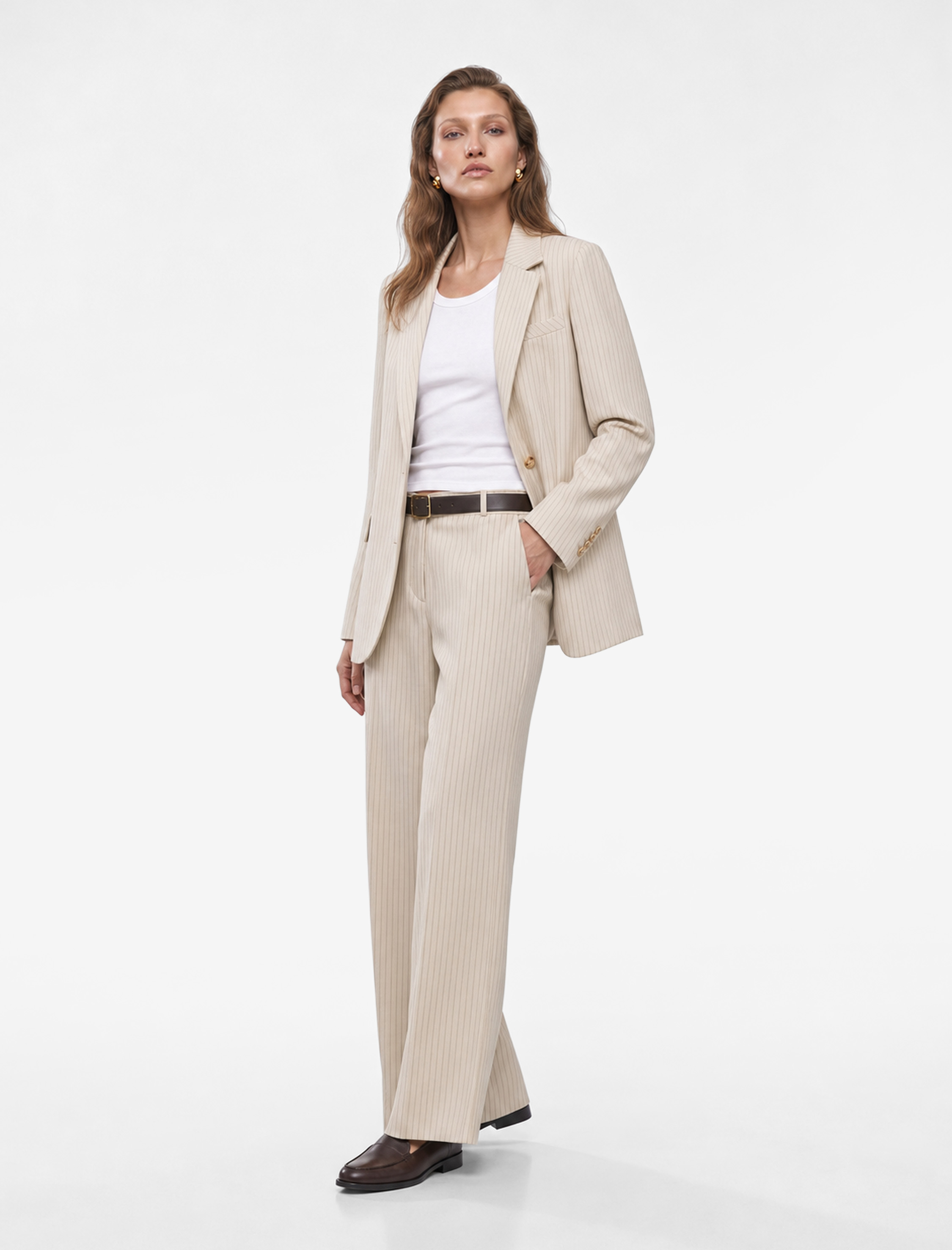   Uzun Kollu Cepli Düğmeli Çizgili Oversize Blazer Ceket