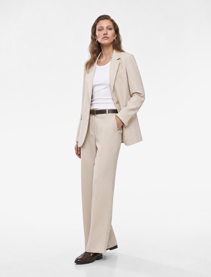  Uzun Kollu Cepli Düğmeli Çizgili Oversize Blazer Ceket