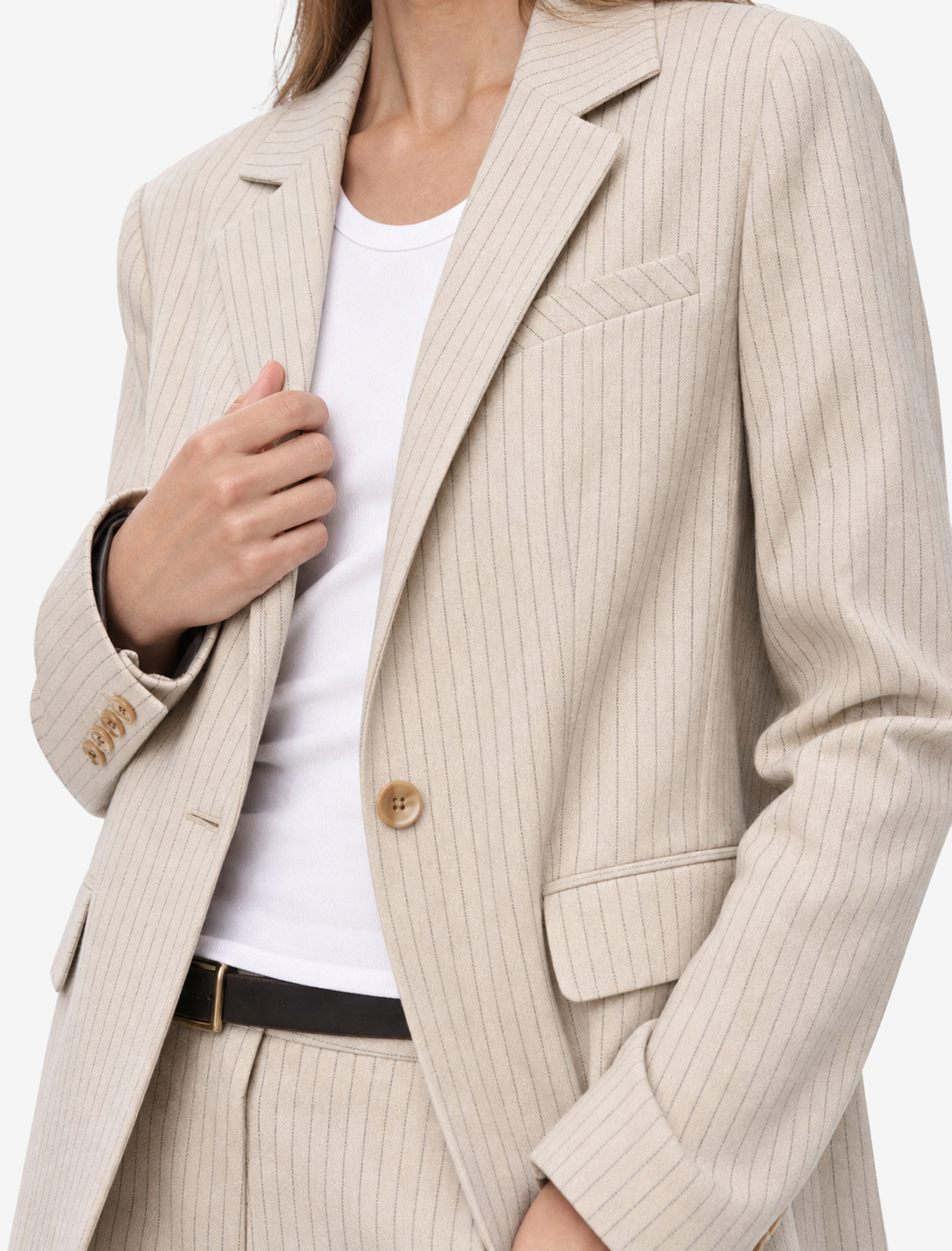   Uzun Kollu Cepli Düğmeli Çizgili Oversize Blazer Ceket