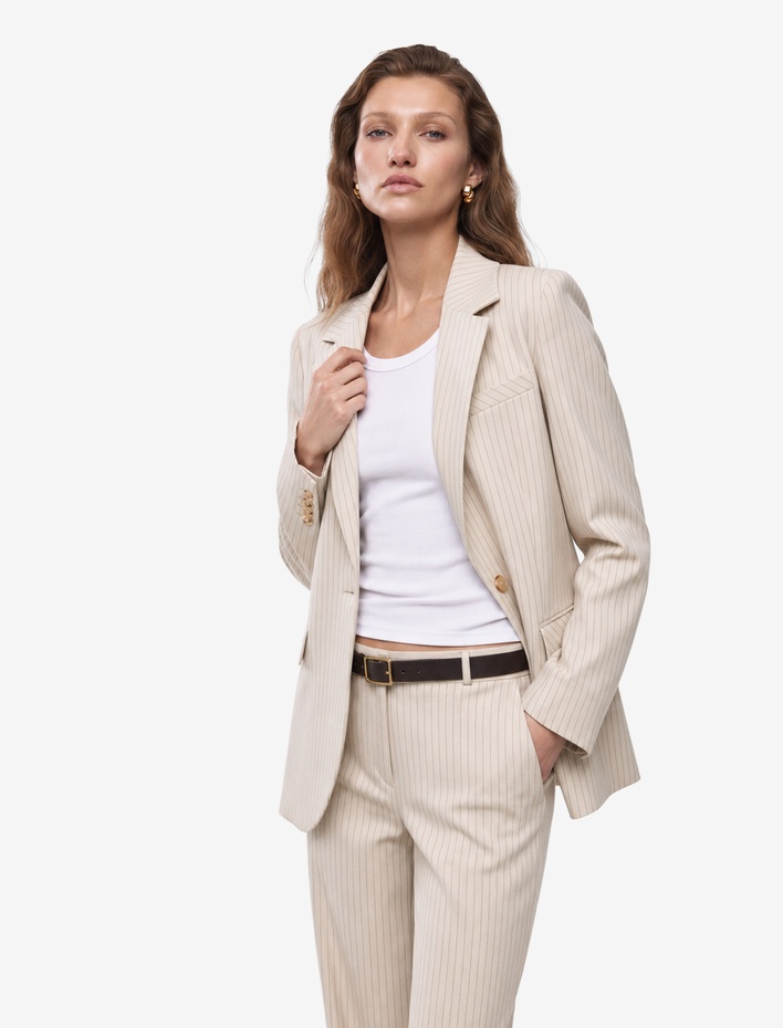  Uzun Kollu Cepli Düğmeli Çizgili Oversize Blazer Ceket
