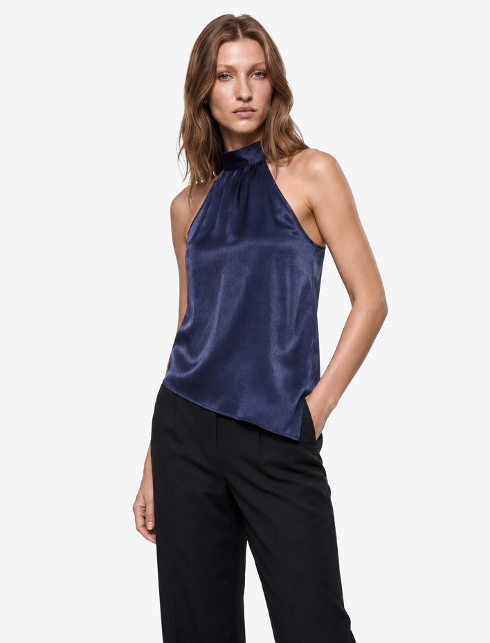 Asimetrik Kolsuz Halter Yaka Saten Bluz