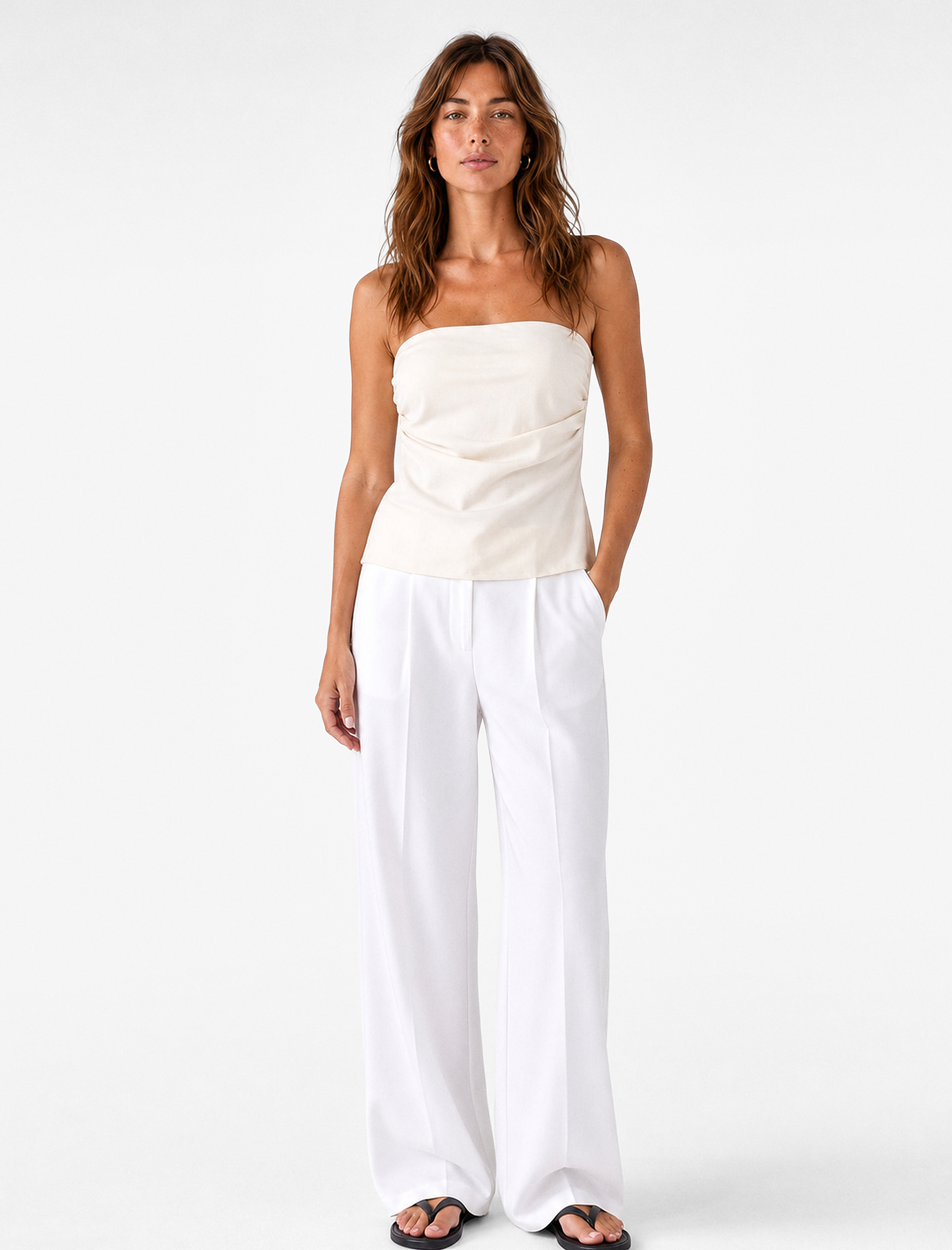   Slim Fit Bel Vurgulu Drape Detaylı Straplez Top