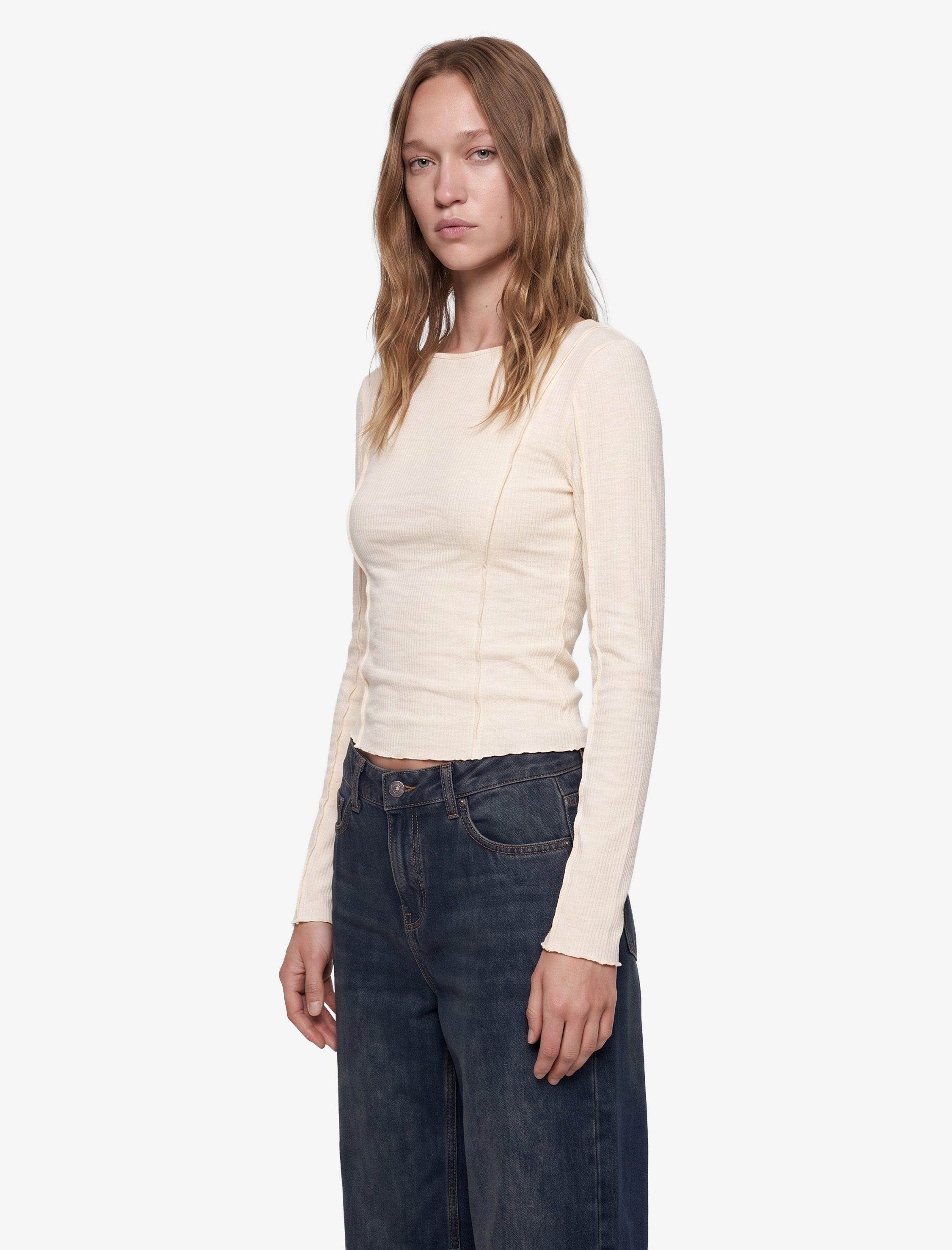   Pamuklu Nervürlü Slim Fit Kayık Yaka Uzun Kollu Tişört