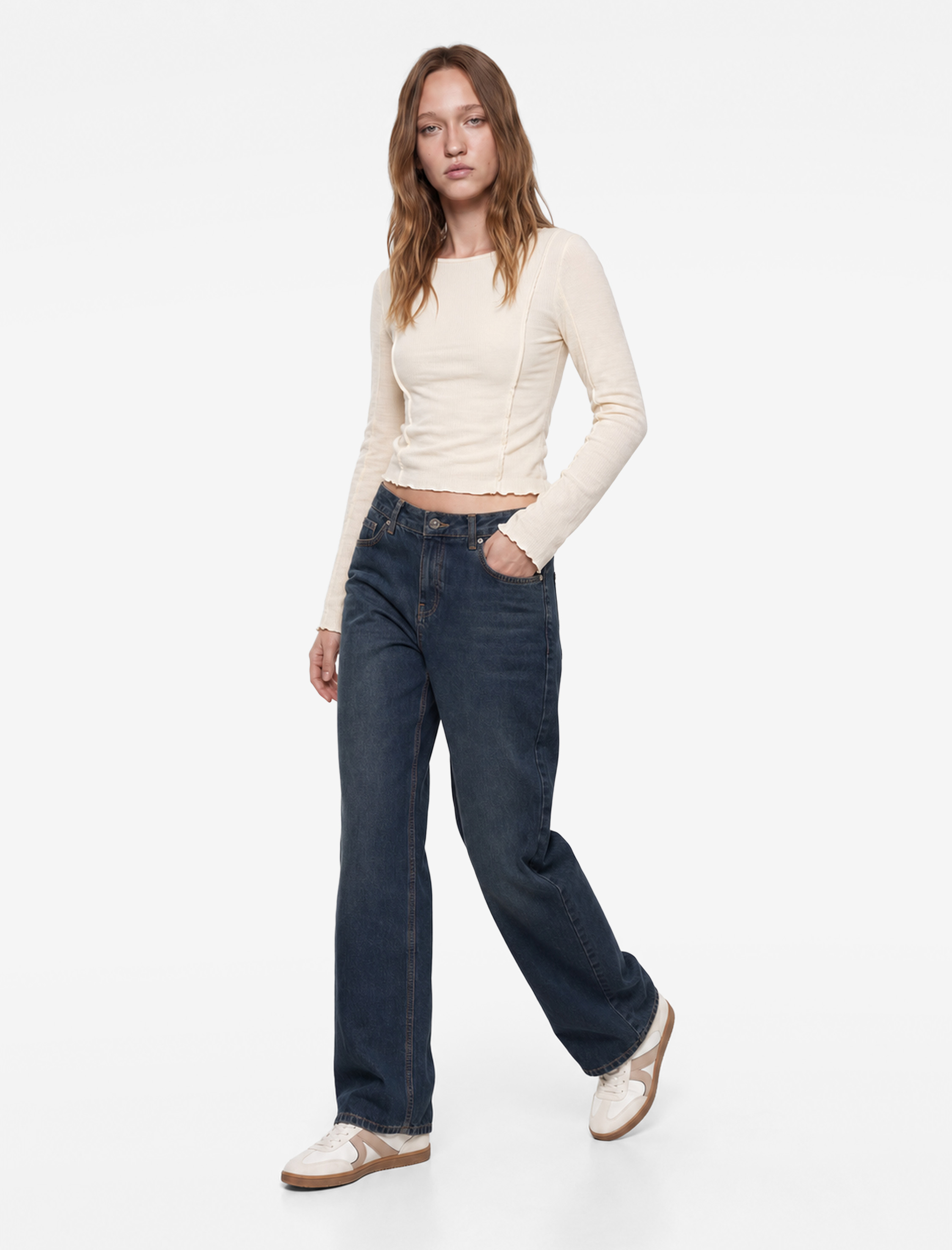   Pamuklu Nervürlü Slim Fit Kayık Yaka Uzun Kollu Tişört
