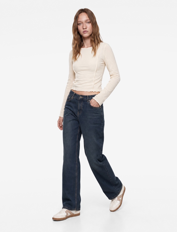  Pamuklu Nervürlü Slim Fit Kayık Yaka Uzun Kollu Tişört