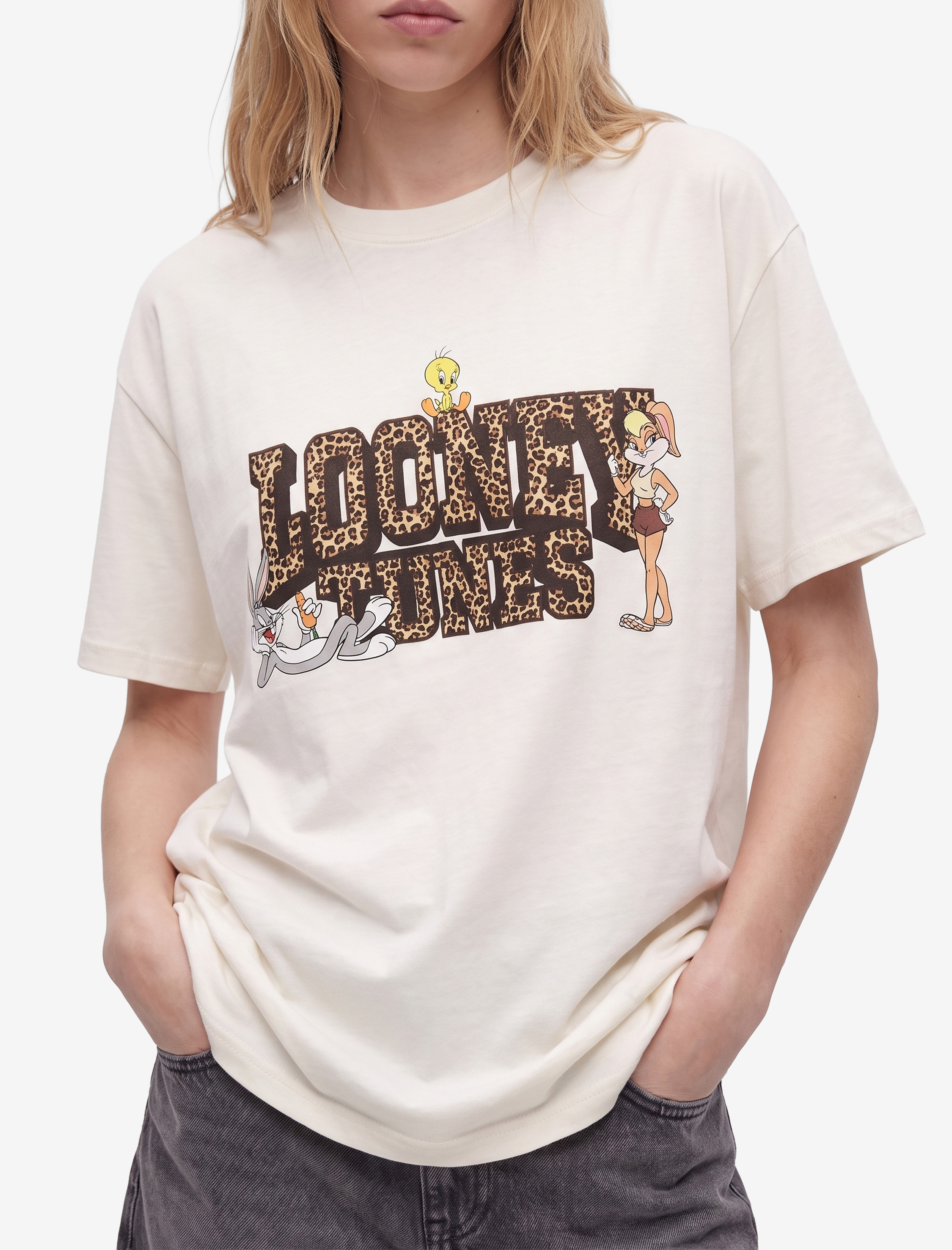   Looney Tunes Lisanslı Leopar Detaylı Baskılı Bisiklet Yaka Tişört