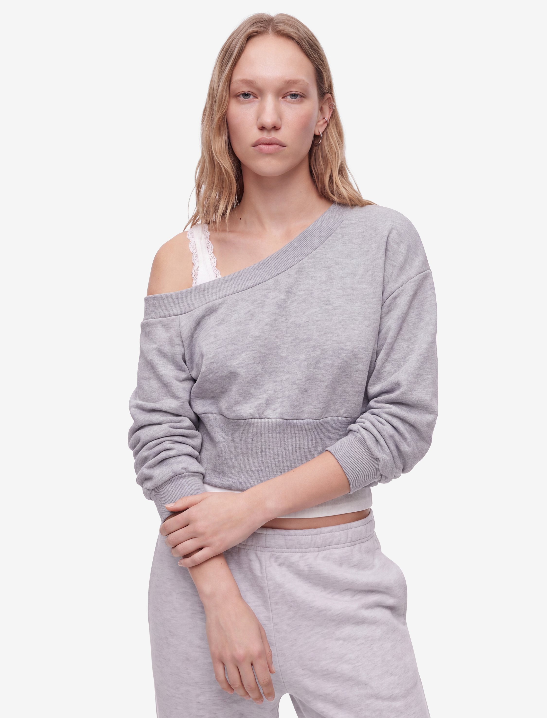   Slim Fit Asimetrik Yaka Korse Detaylı Uzun Kollu Crop Sweatshirt