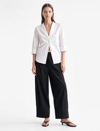 Poplin Kumaş Düğmeli Devrik Yaka 3/4 Kollu Oversize Gömlek