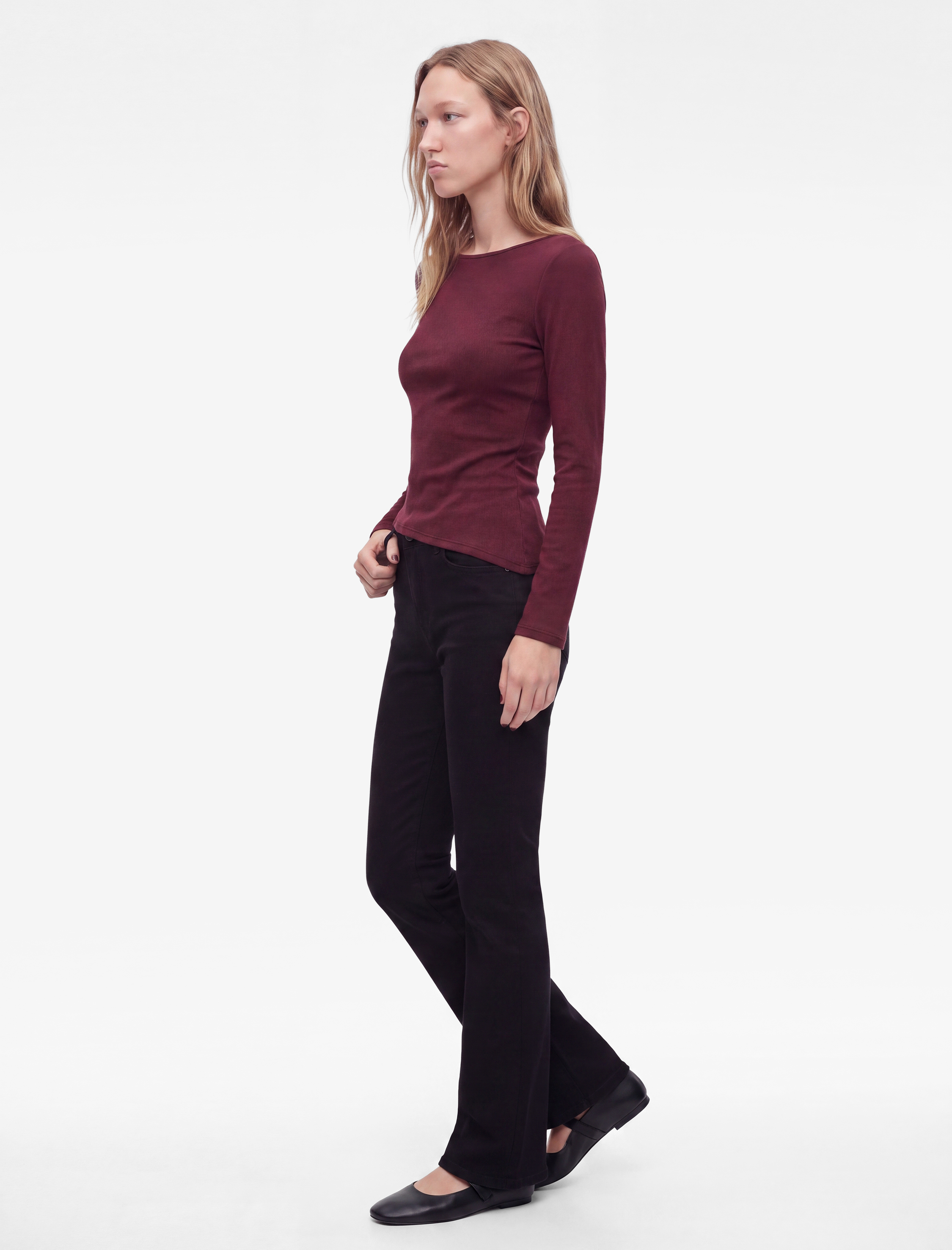   Pamuklu Asimetrik Kayık Yaka Kolsuz Slim Fit Uzun Kollu Tişört