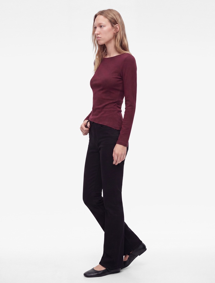  Pamuklu Asimetrik Kayık Yaka Kolsuz Slim Fit Uzun Kollu Tişört
