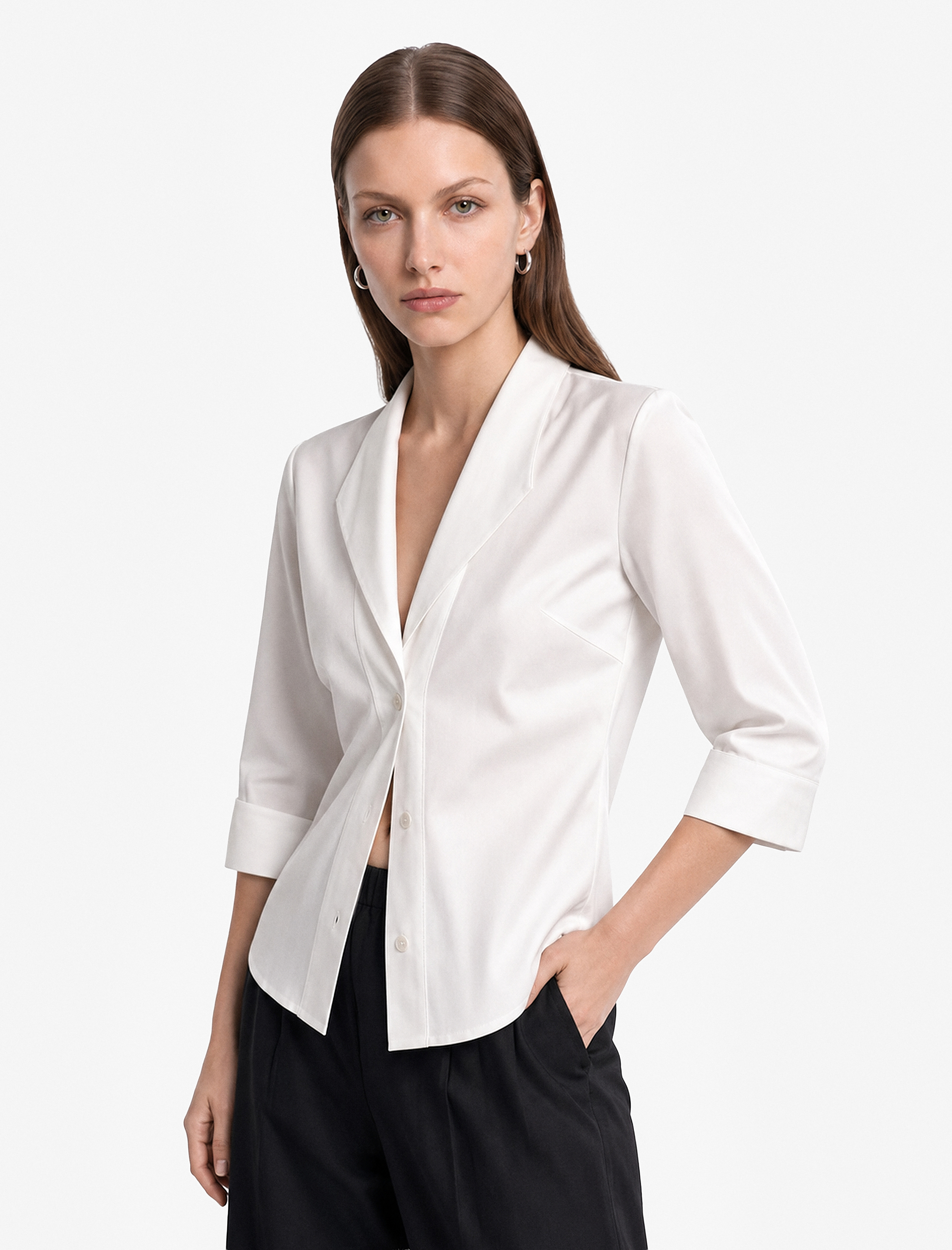   Poplin Kumaş Düğmeli Devrik Yaka 3/4 Kollu Oversize Gömlek