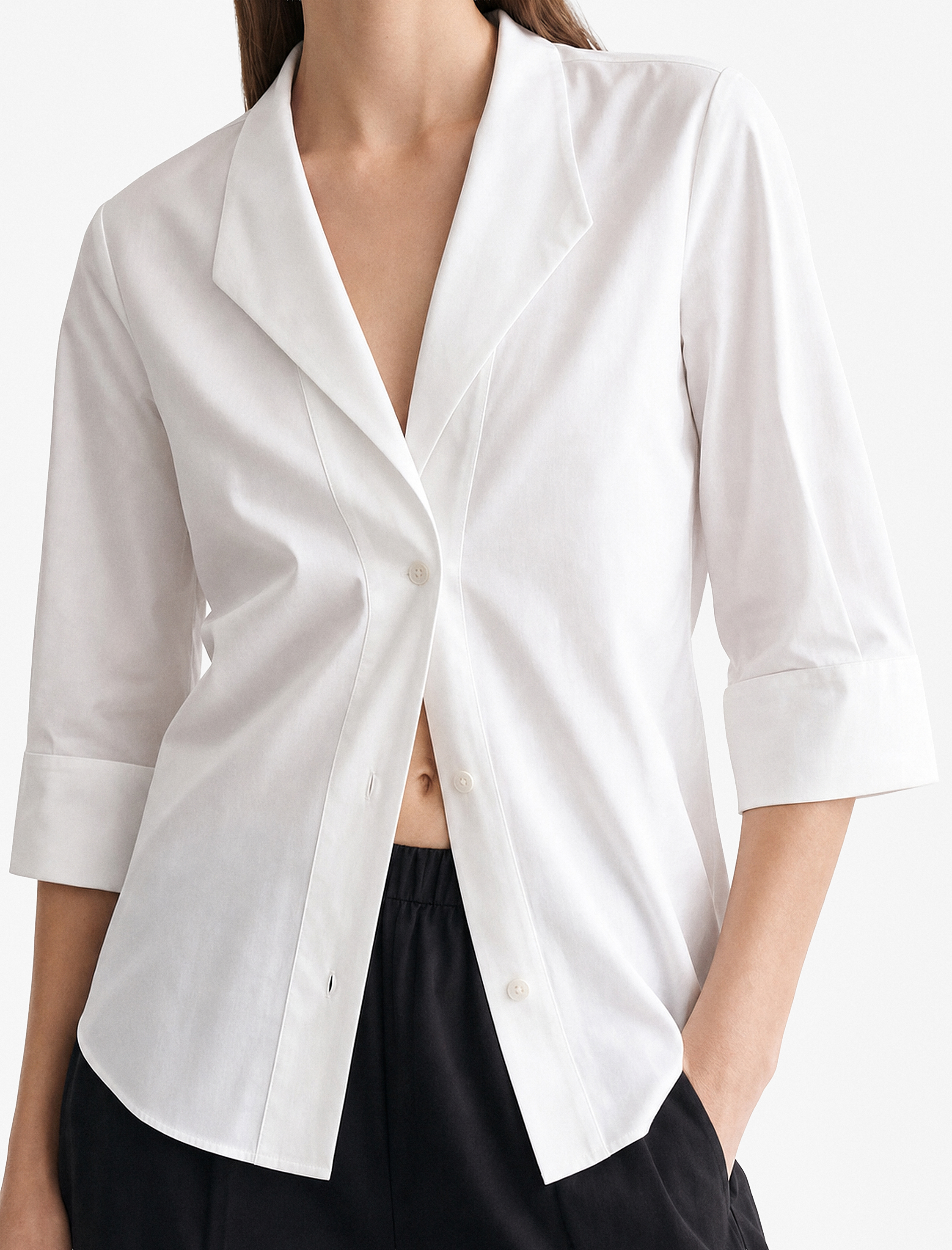   Poplin Kumaş Düğmeli Devrik Yaka 3/4 Kollu Oversize Gömlek