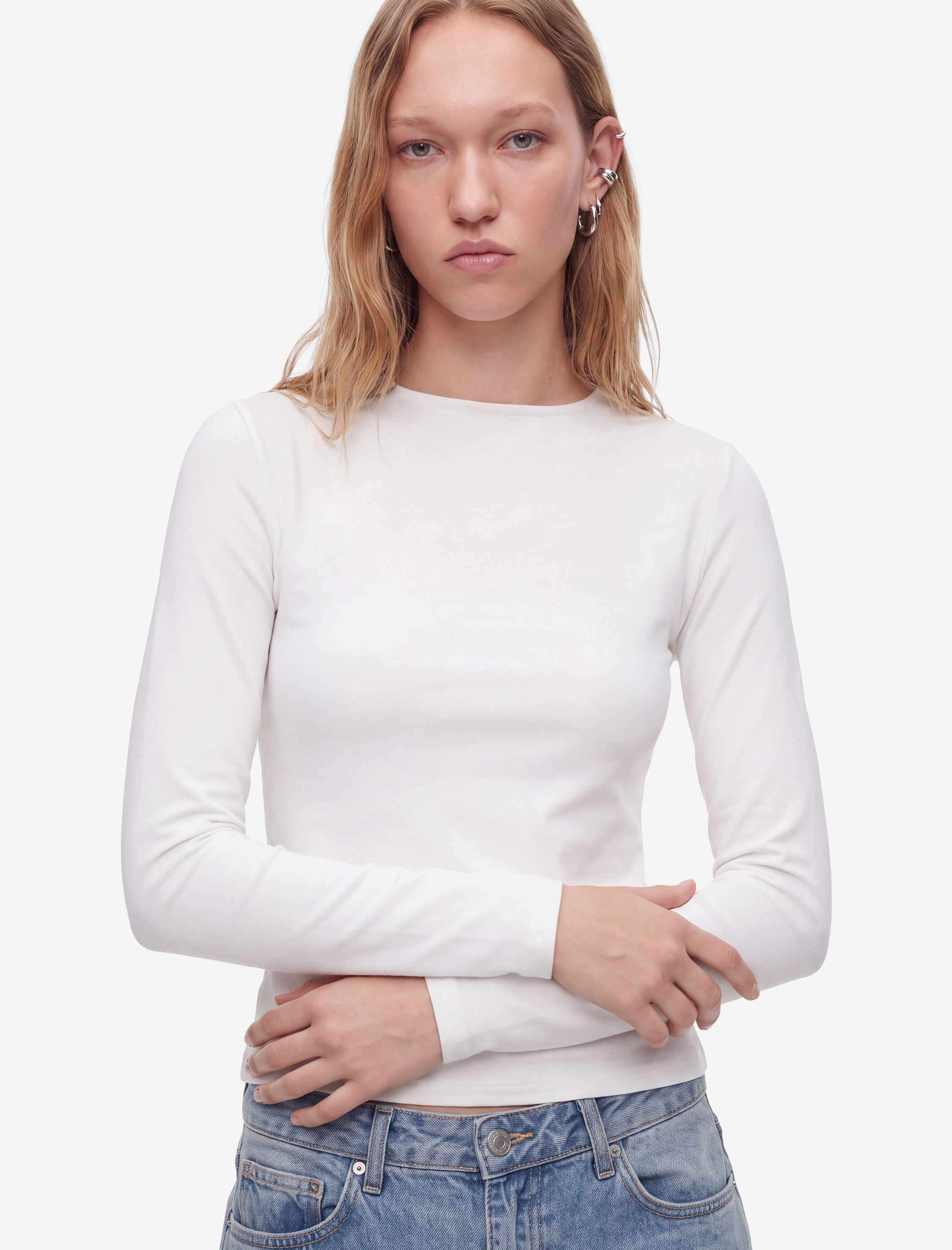   Modal Karışımlı Slim Fit Dik Yaka Uzun Kollu Tişört