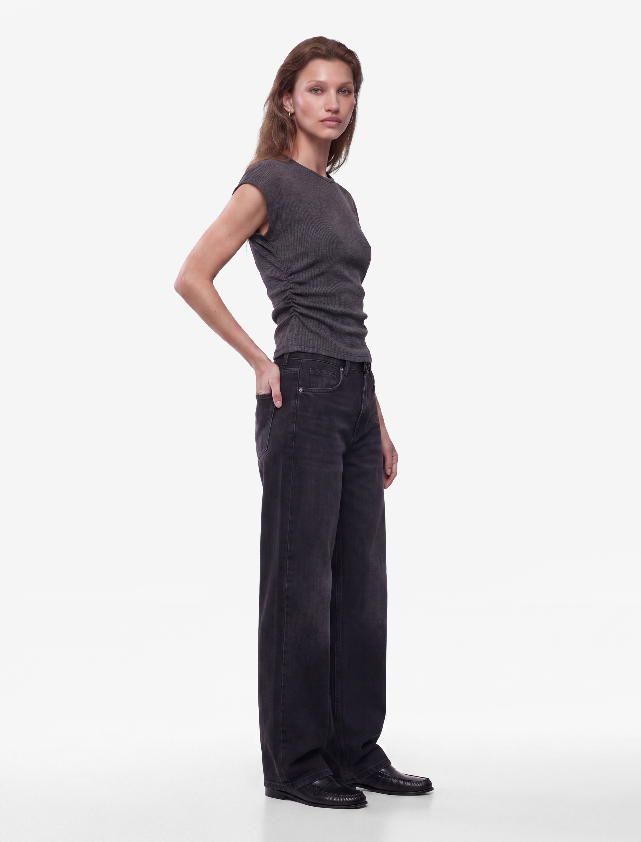   Bürümcük Kumaş Dokulu Slim Fit Drapeli Kap Kol Bisiklet Yaka Tişört