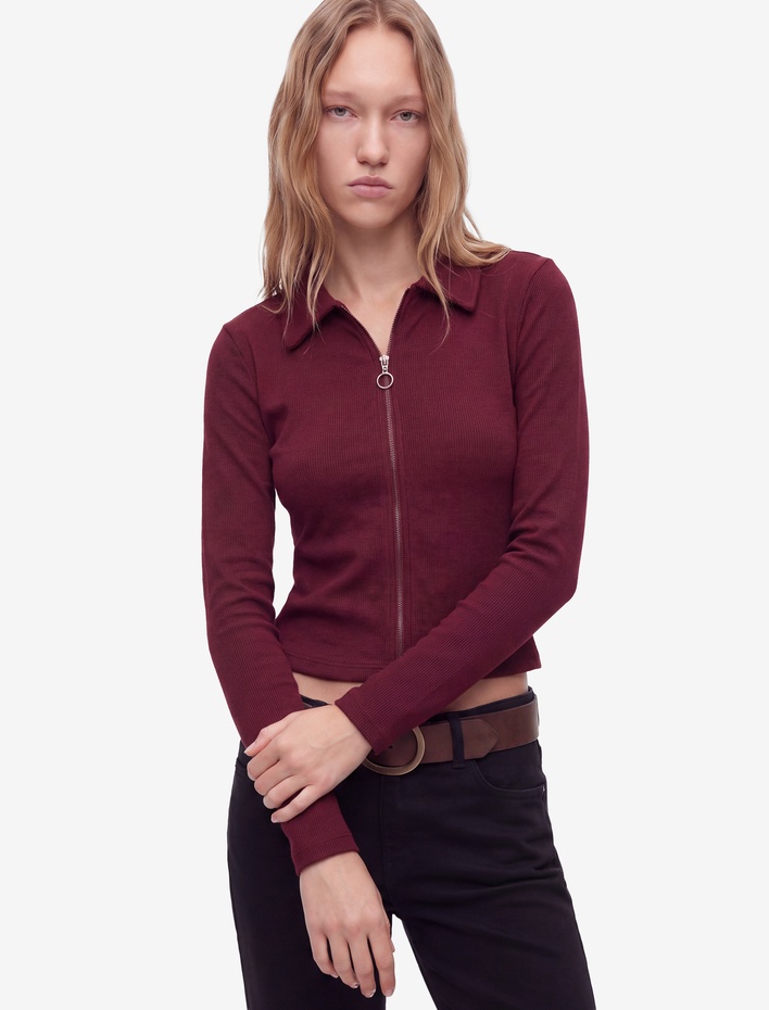  Pamuklu Slim Fit Fermuarlı Uzun Kollu Kaşkorse Polo Yaka Tişört