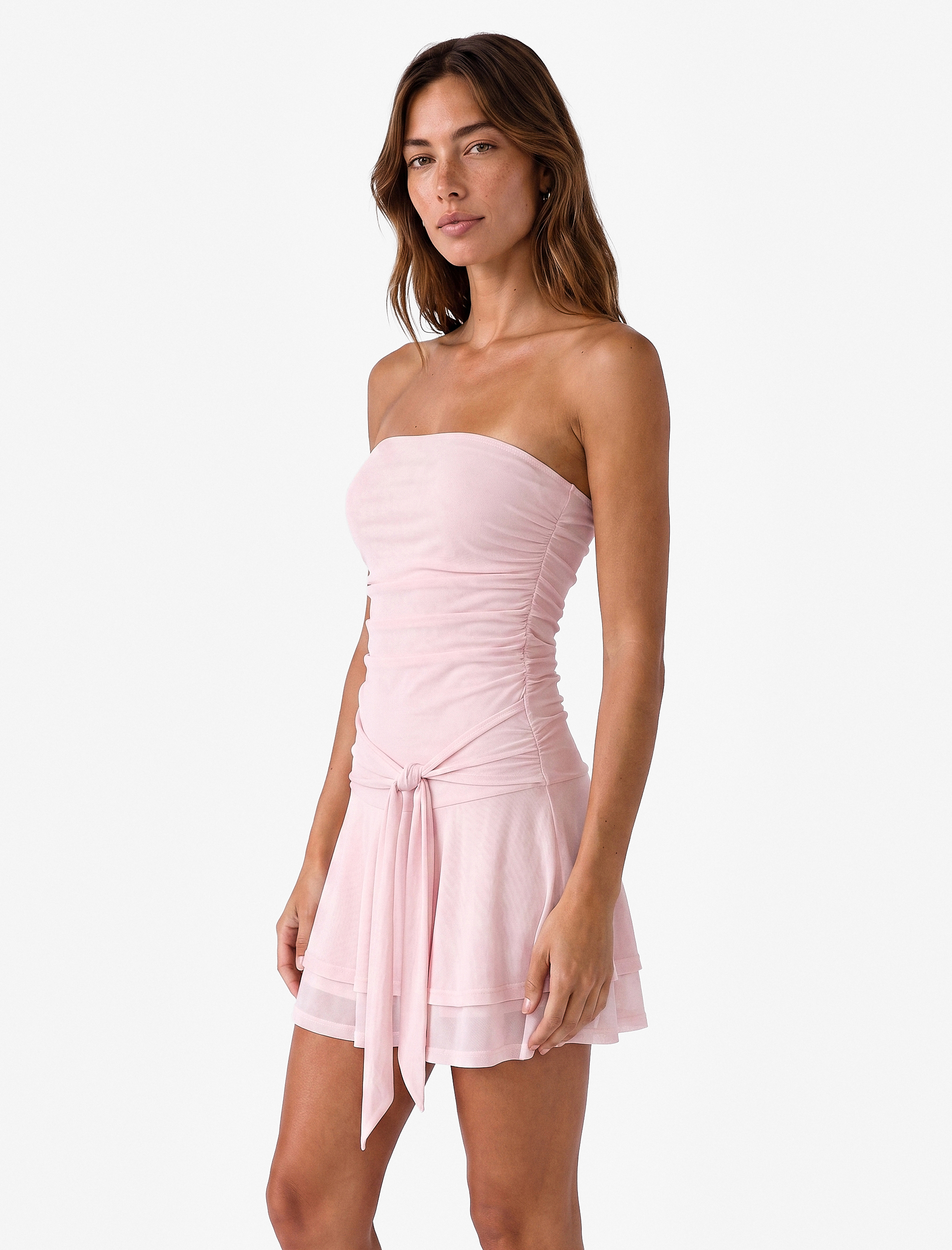   Slim Fit Drape Detaylı Bağlamalı Kat Kat Volümlü Fırfırlı Straplez Mini Tül Elbise