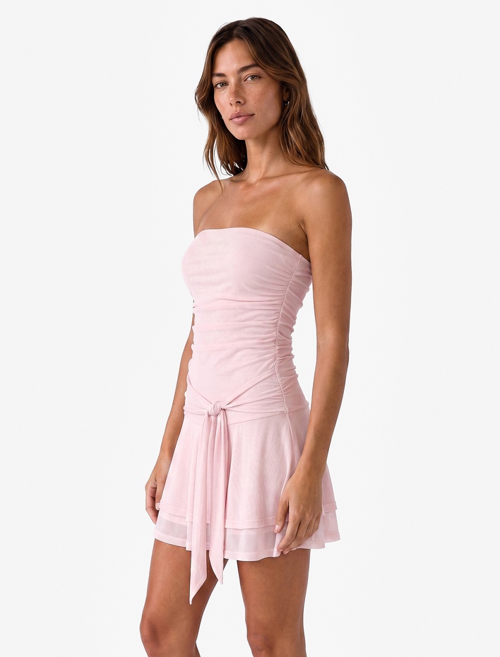  Slim Fit Drape Detaylı Bağlamalı Kat Kat Volümlü Fırfırlı Straplez Mini Tül Elbise