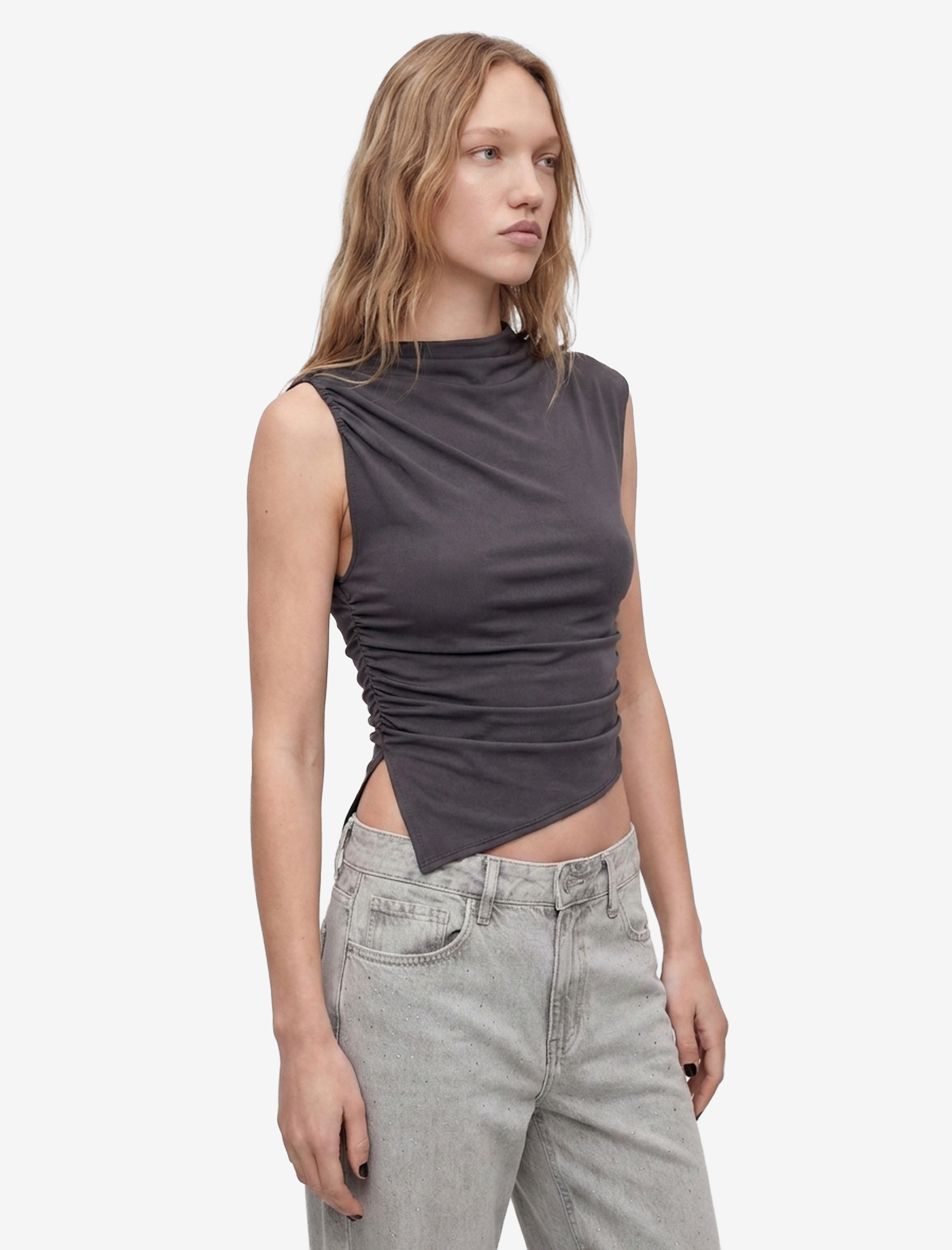   Drapeli Slim Fit Kısa Kollu Dik Yaka Asimetrik Bluz