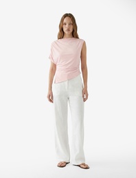 Drapeli Slim Fit Kısa Kollu Dik Yaka Asimetrik Bluz