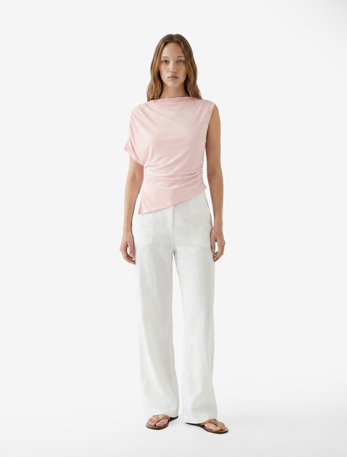  Drapeli Slim Fit Kısa Kollu Dik Yaka Asimetrik Bluz