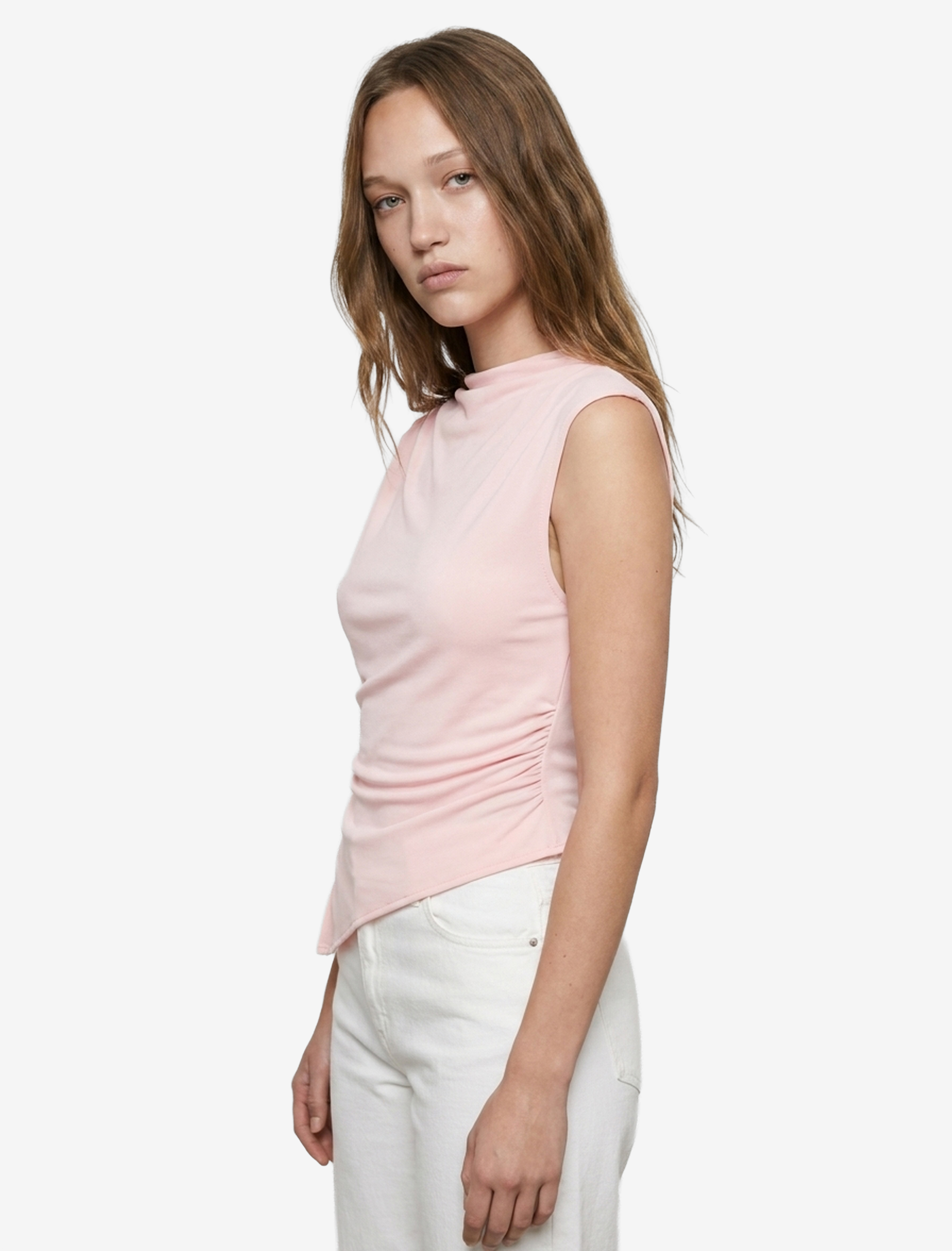   Drapeli Slim Fit Kısa Kollu Dik Yaka Asimetrik Bluz
