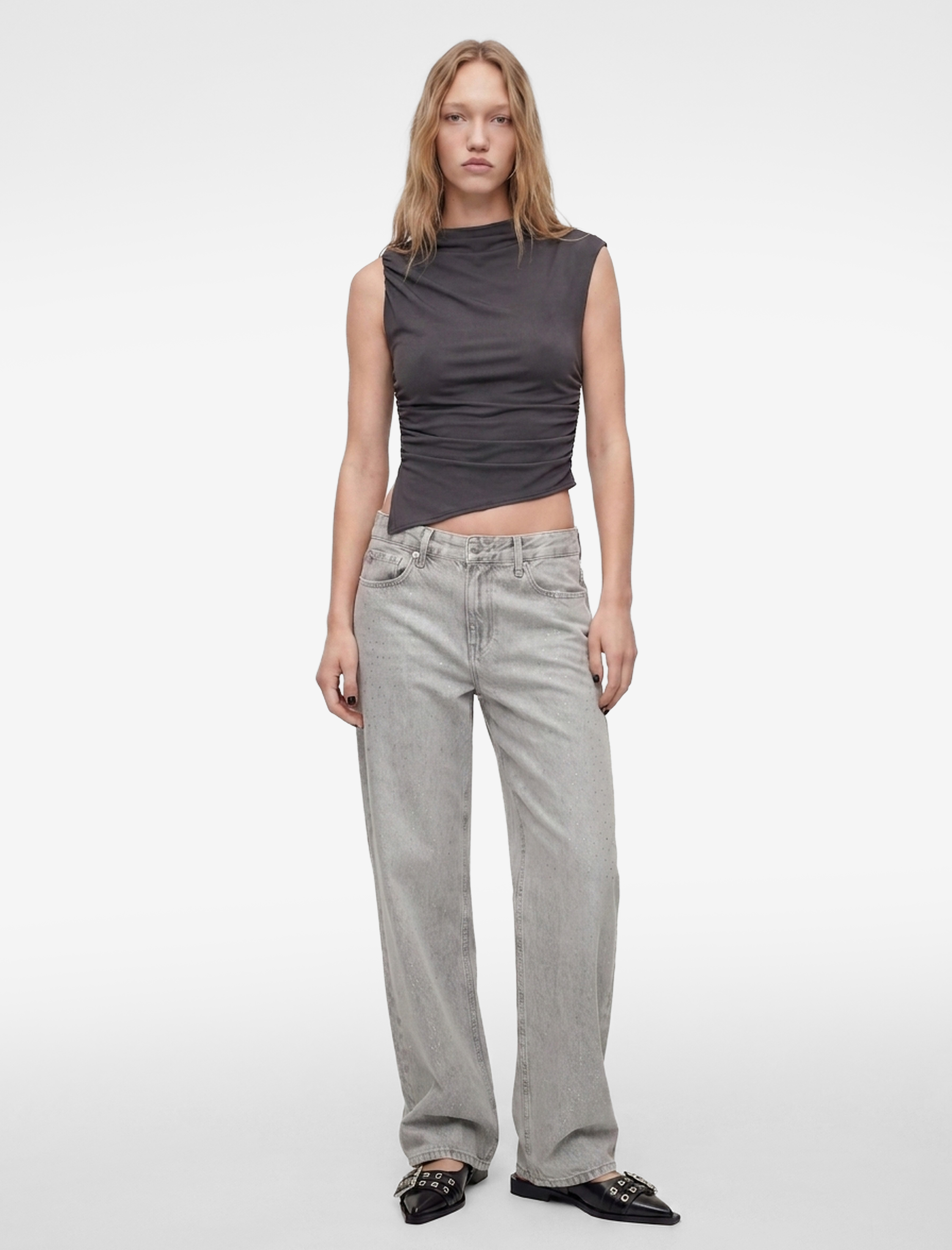   Drapeli Slim Fit Kısa Kollu Dik Yaka Asimetrik Bluz