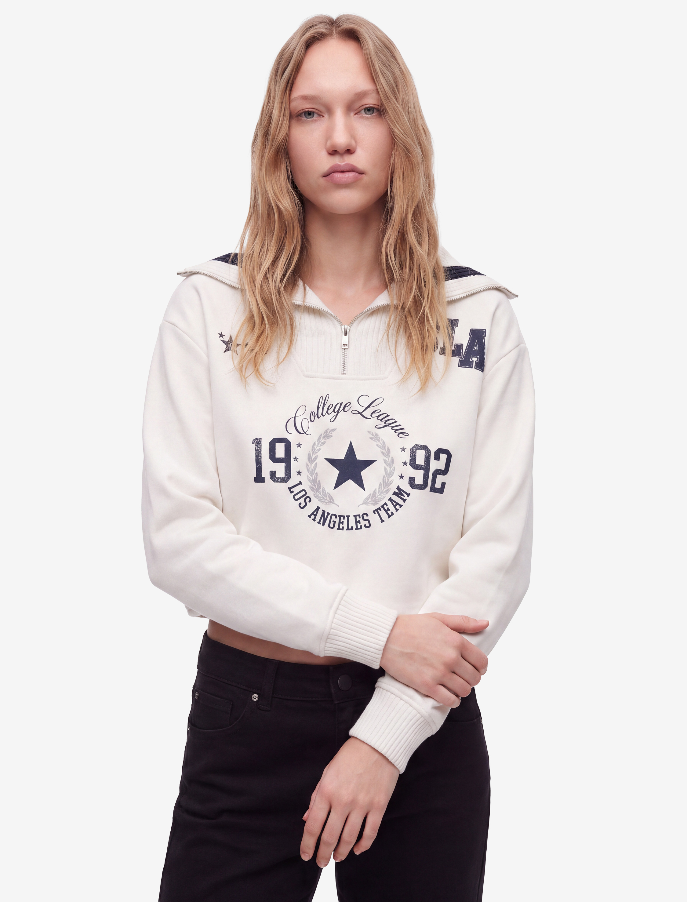   Üç İplik Şardonlu Yarım Fermuarlı Yaka Baskılı Oversize Sweatshirt