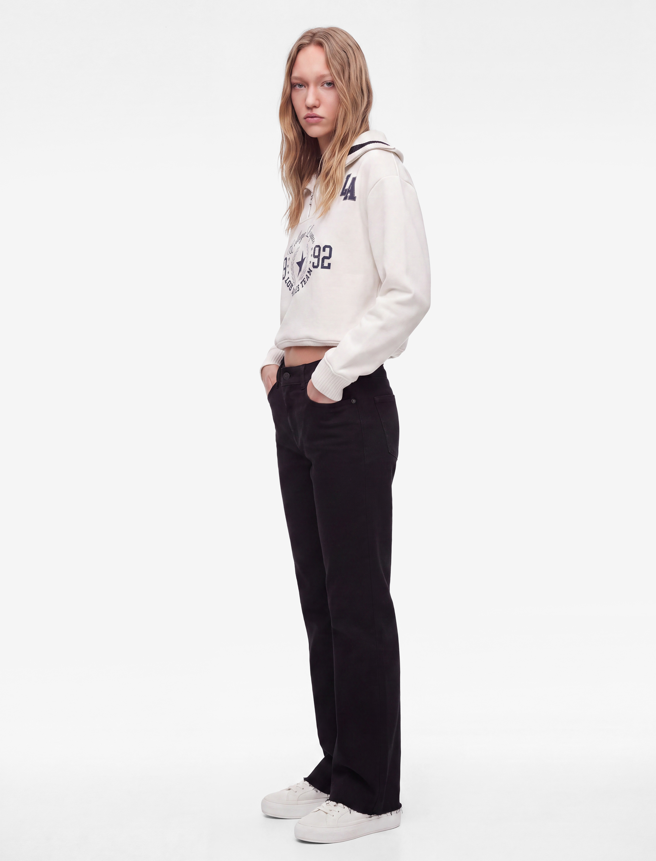   Üç İplik Şardonlu Yarım Fermuarlı Yaka Baskılı Oversize Sweatshirt
