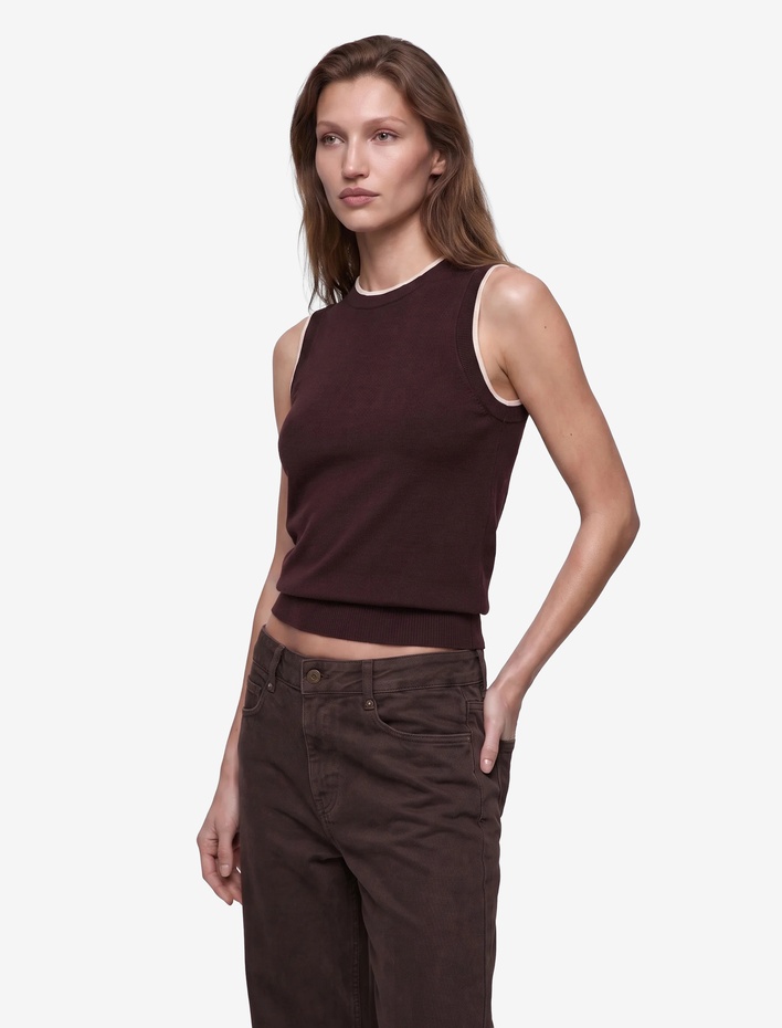  Renk Kontrastlı Katmanlı Kolsuz Bisiklet Yaka Triko Süveter