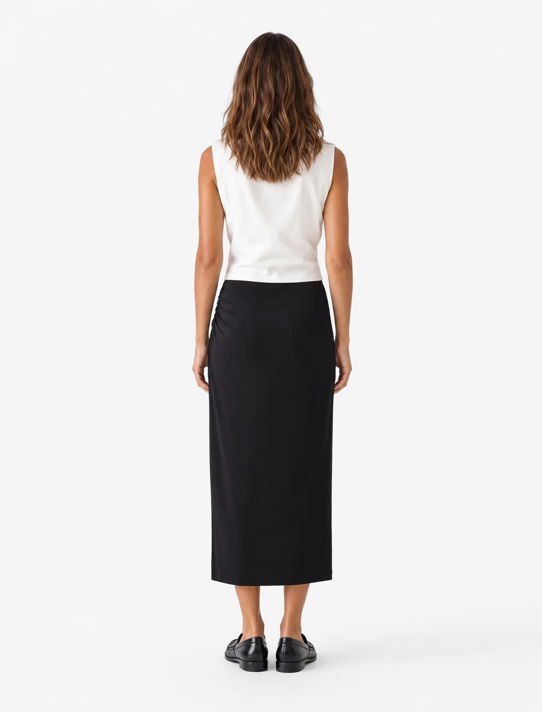   Sandy Kumaş Slim Fit Drape Detaylı Midi Etek