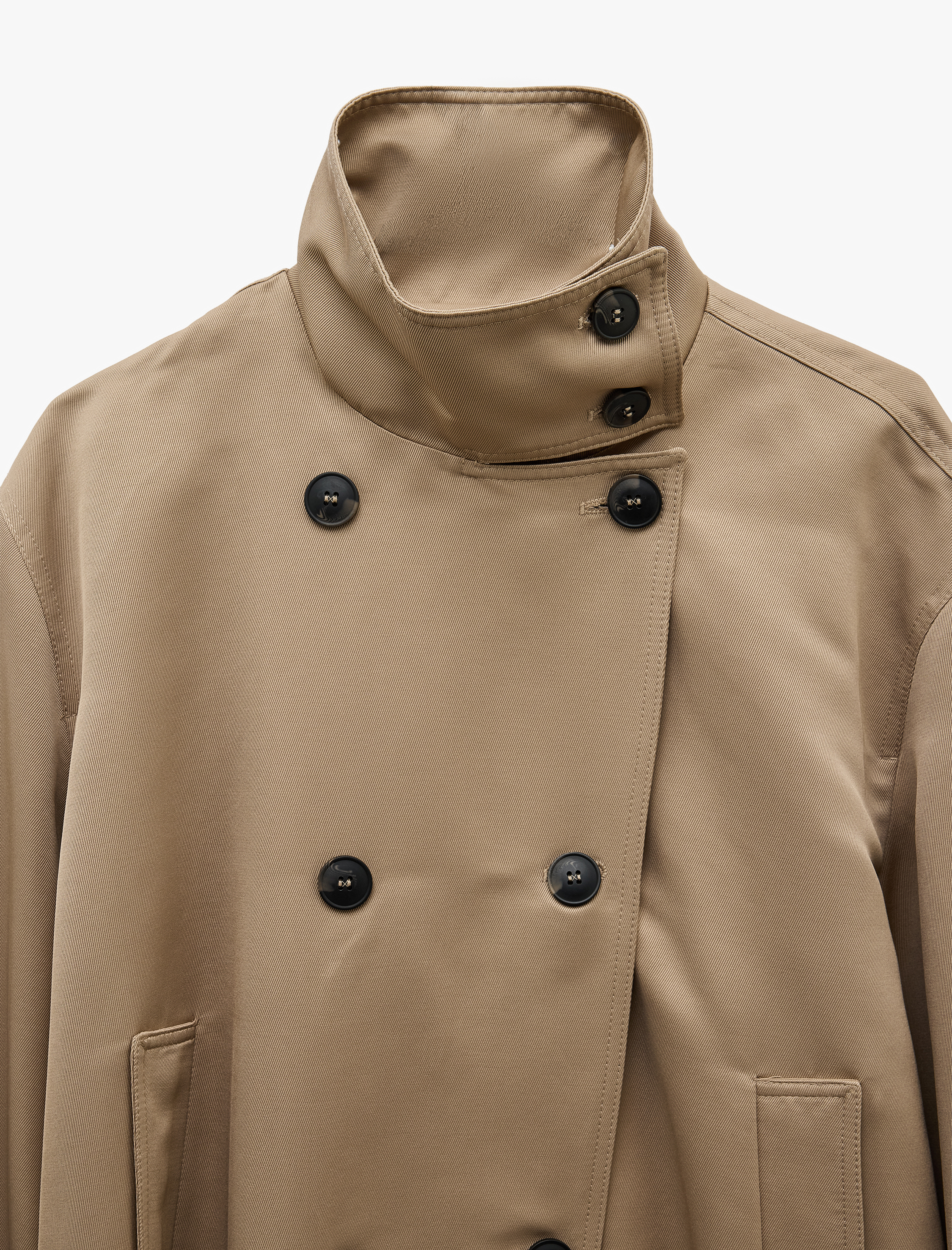   Uzun Kollu Cepli Kemerli Düğmeli Kruvaze Dik Yaka Gabardin Kısa Oversize Trençkot