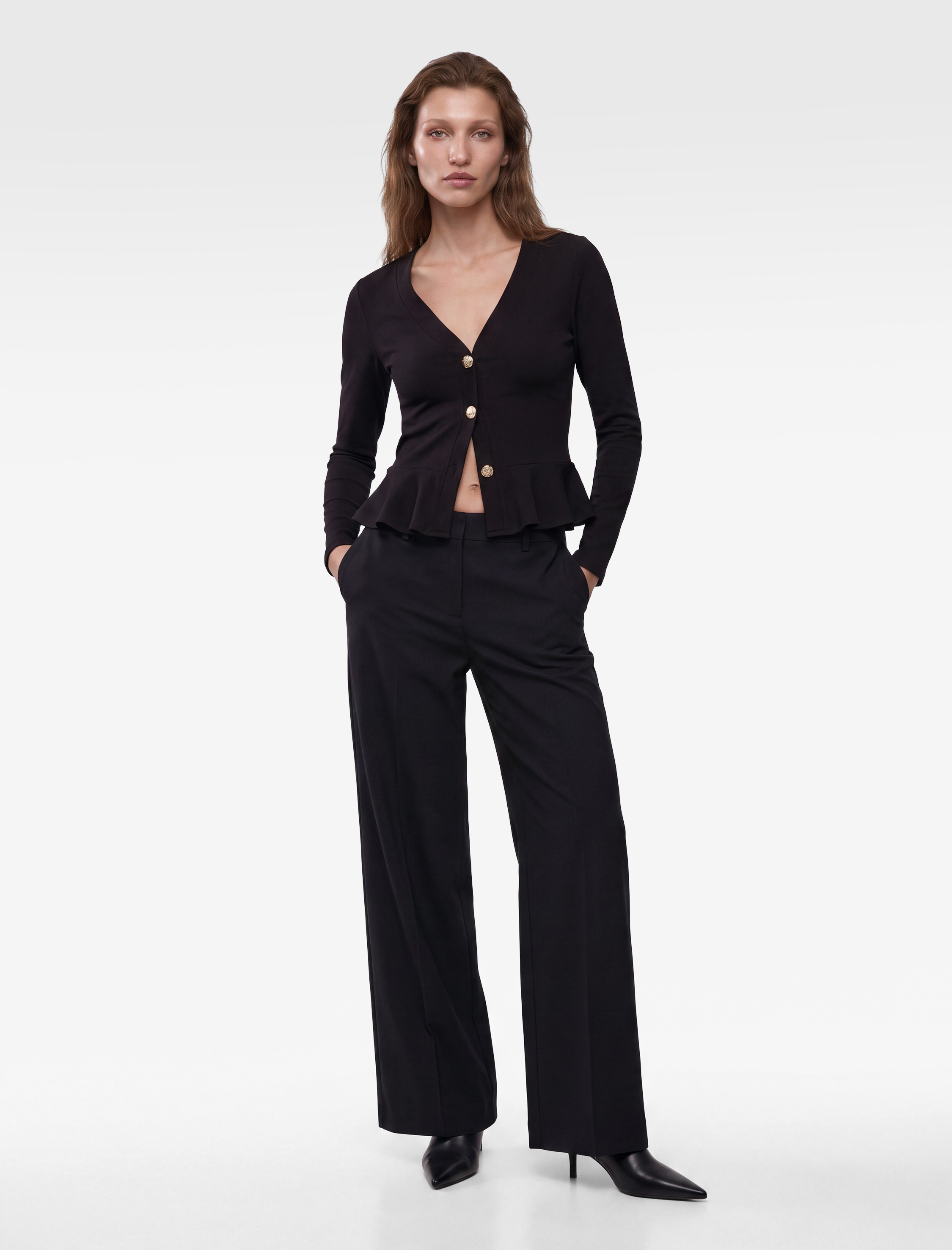   Slim Fit Mücevher Düğmeli V Yaka Uzun Kollu Peplum Hırka