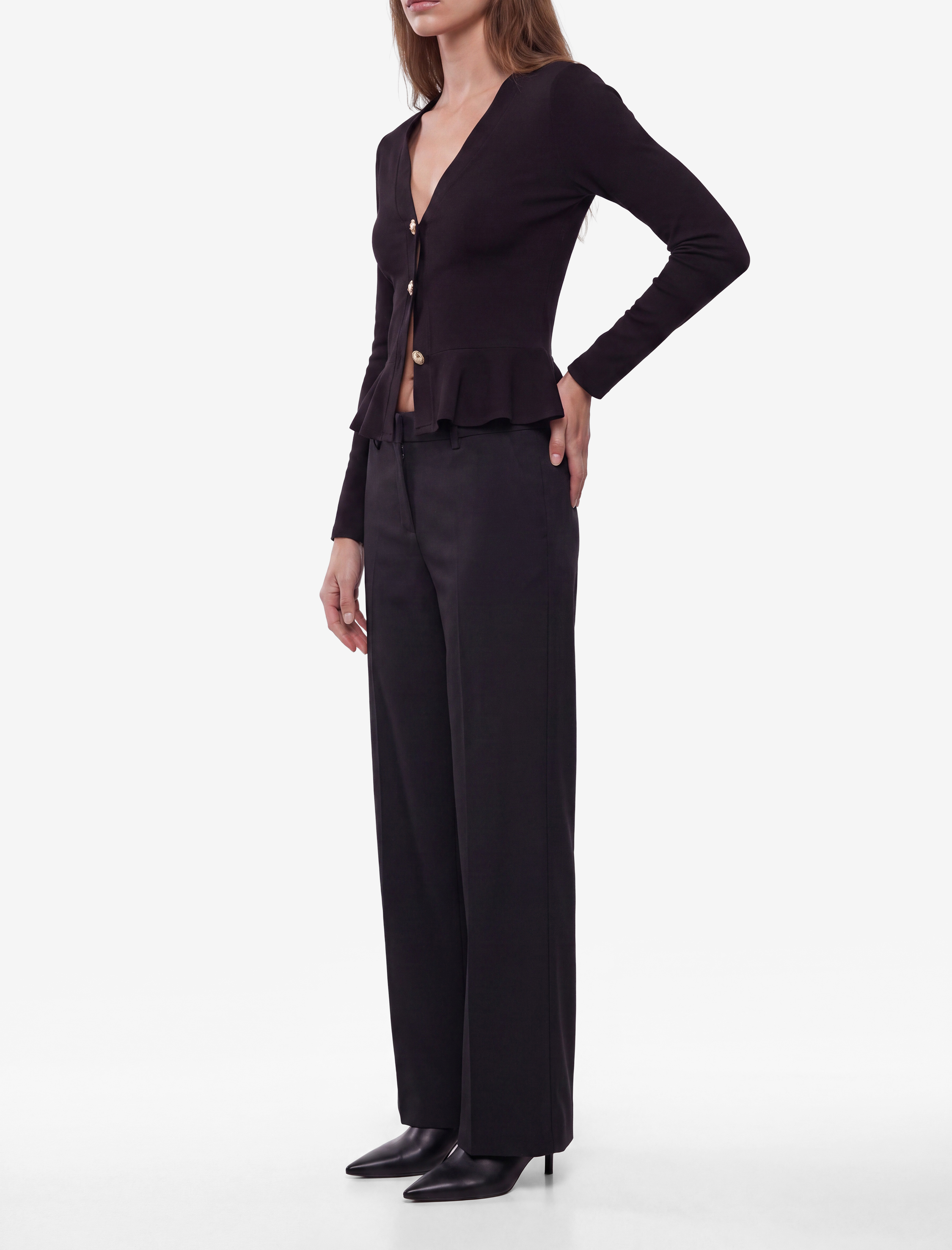   Slim Fit Mücevher Düğmeli V Yaka Uzun Kollu Peplum Hırka
