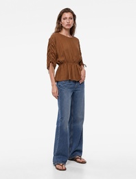 Viskon Kumaş Loose Fit Yuvarlak Yaka Büzgülü Bluz