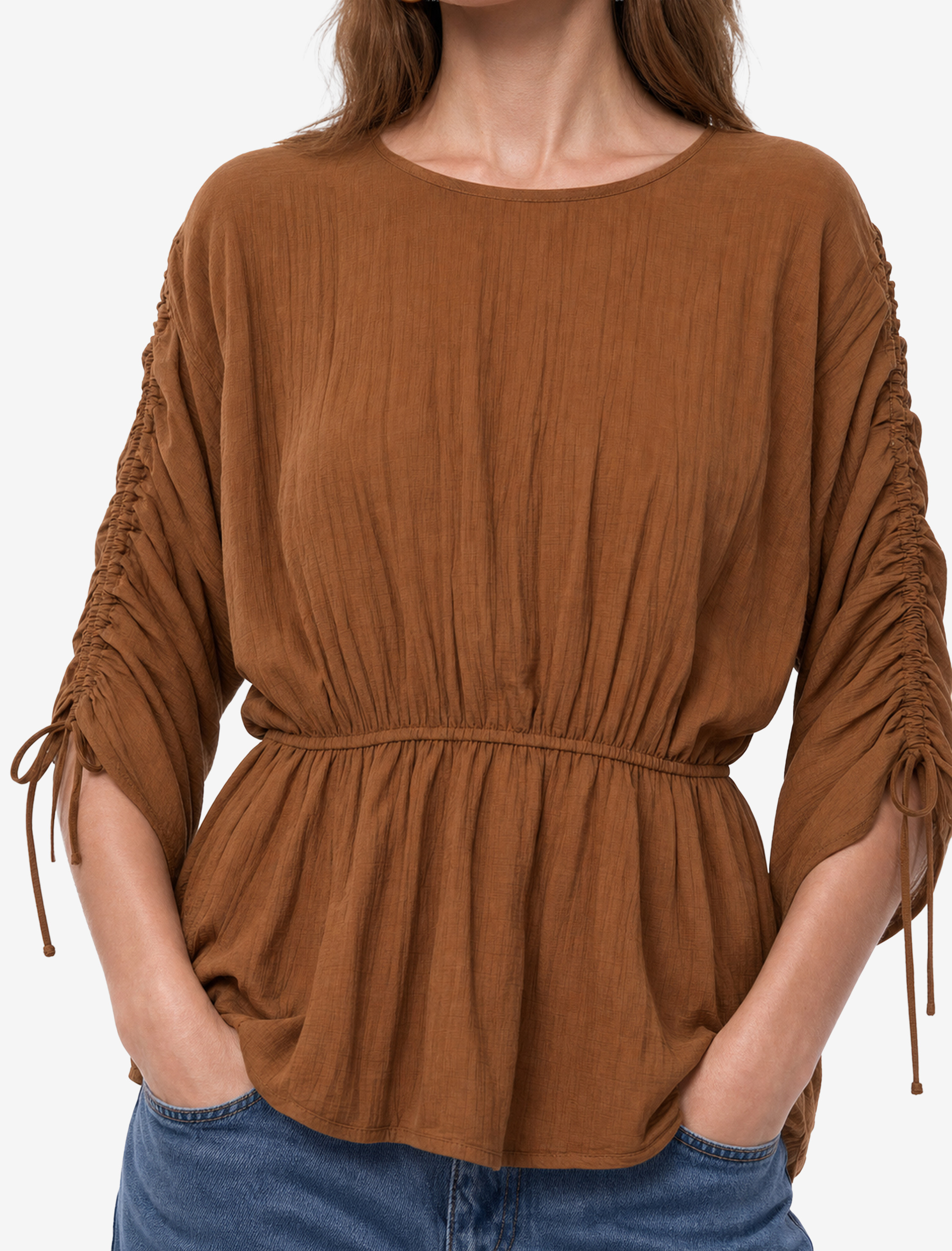   Viskon Kumaş Loose Fit Yuvarlak Yaka Büzgülü Bluz