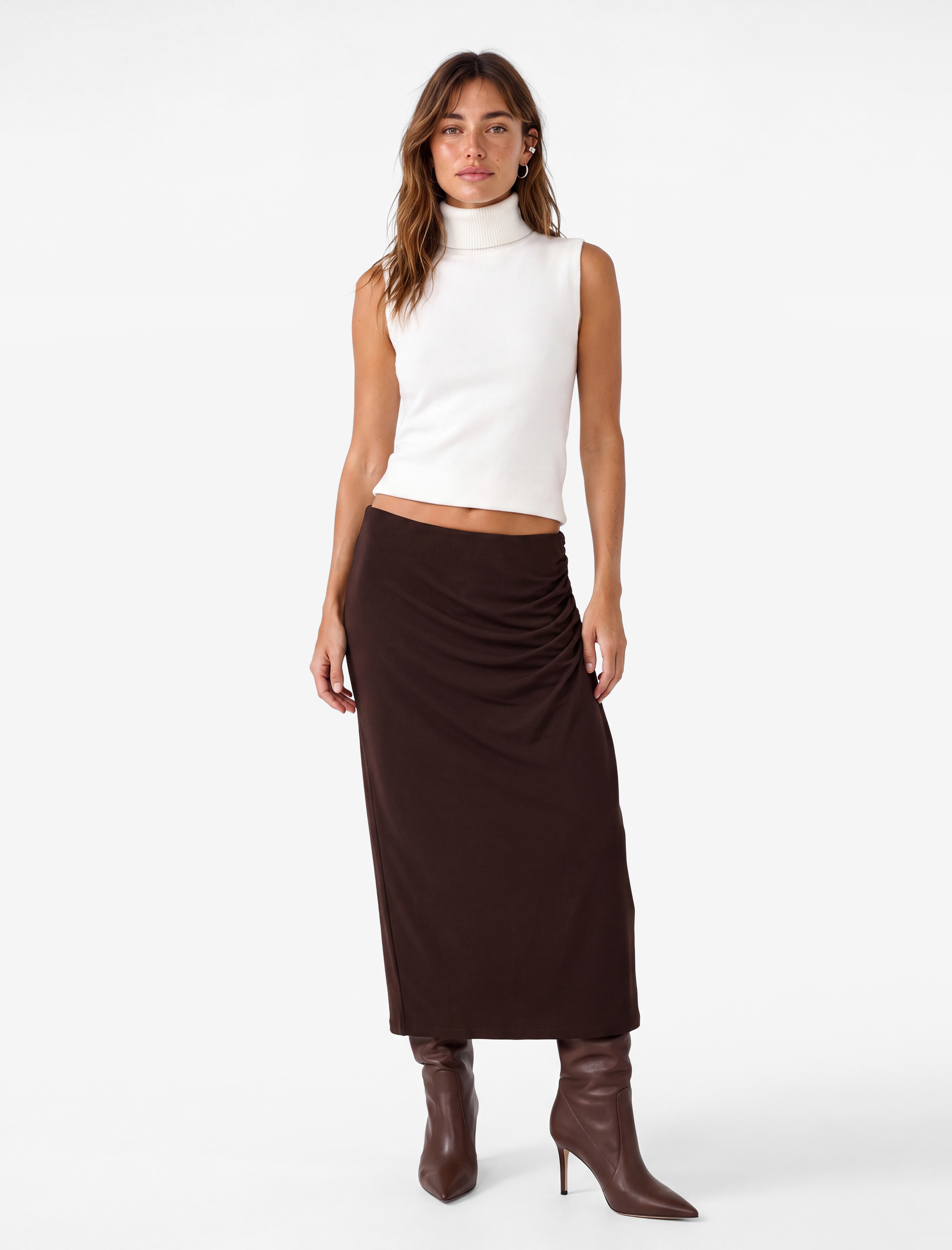   Sandy Kumaş Slim Fit Drape Detaylı Midi Etek
