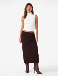 Sandy Kumaş Slim Fit Drape Detaylı Midi Etek