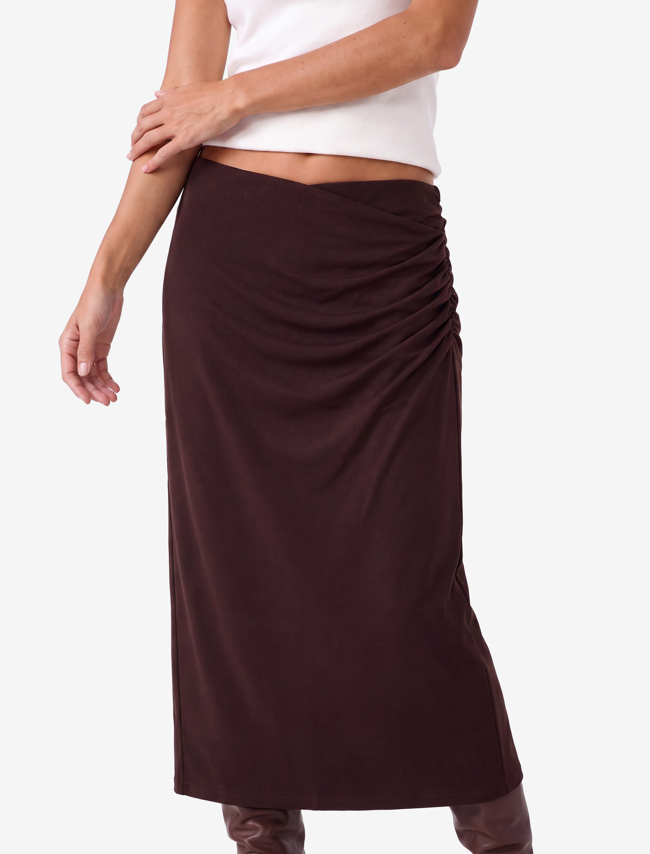   Sandy Kumaş Slim Fit Drape Detaylı Midi Etek