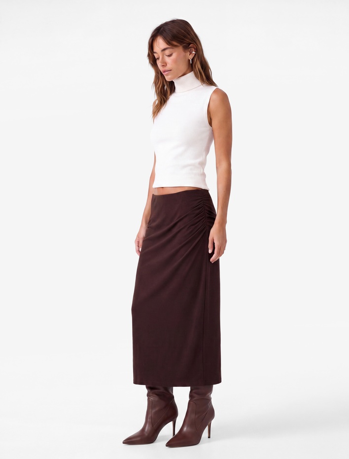  Sandy Kumaş Slim Fit Drape Detaylı Midi Etek