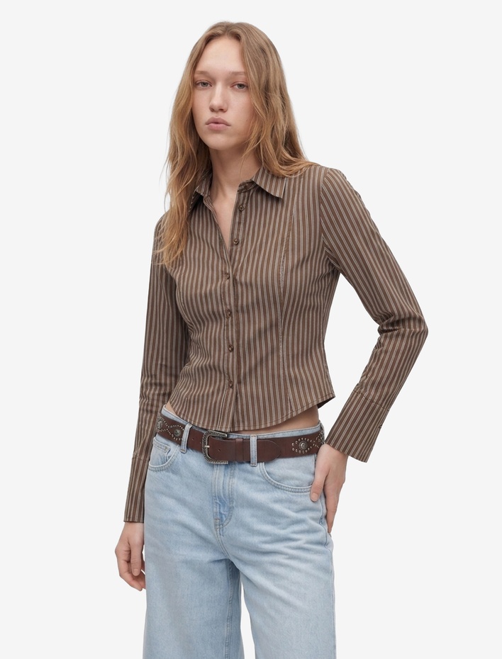  Viskon Kumaş Düğmeli Klasik Yaka Uzun Kollu Slim Fit Çizgili Gömlek