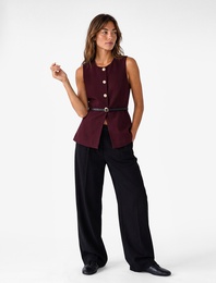 Slim Fit Mücevher Düğmeli Bisiklet Yaka Kemerli Peplum Yelek