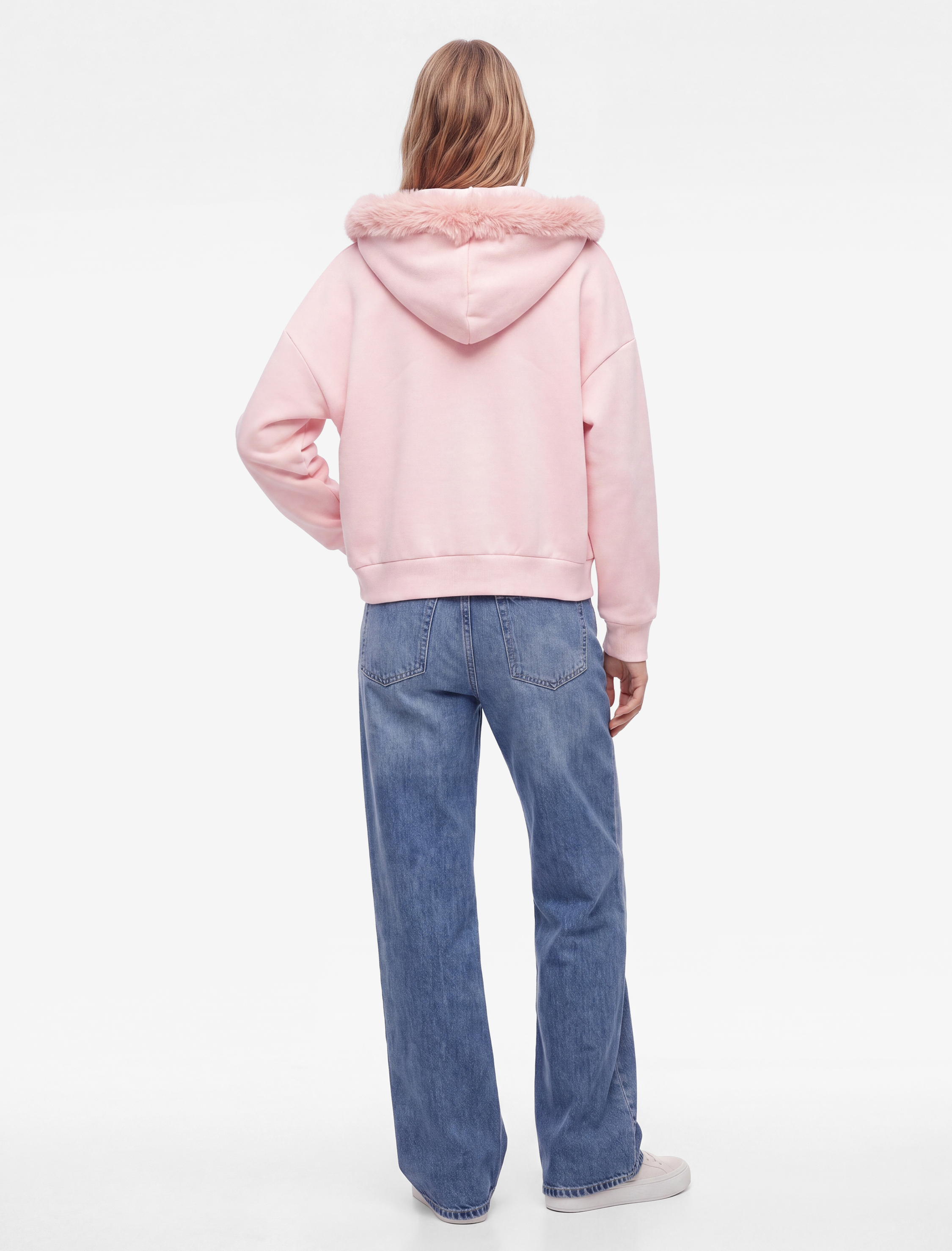   Şardonlu Cepli Rahat Kalıp Uzun Kollu Fermuarlı Suni Kürk Kapüşonlu Sweatshirt