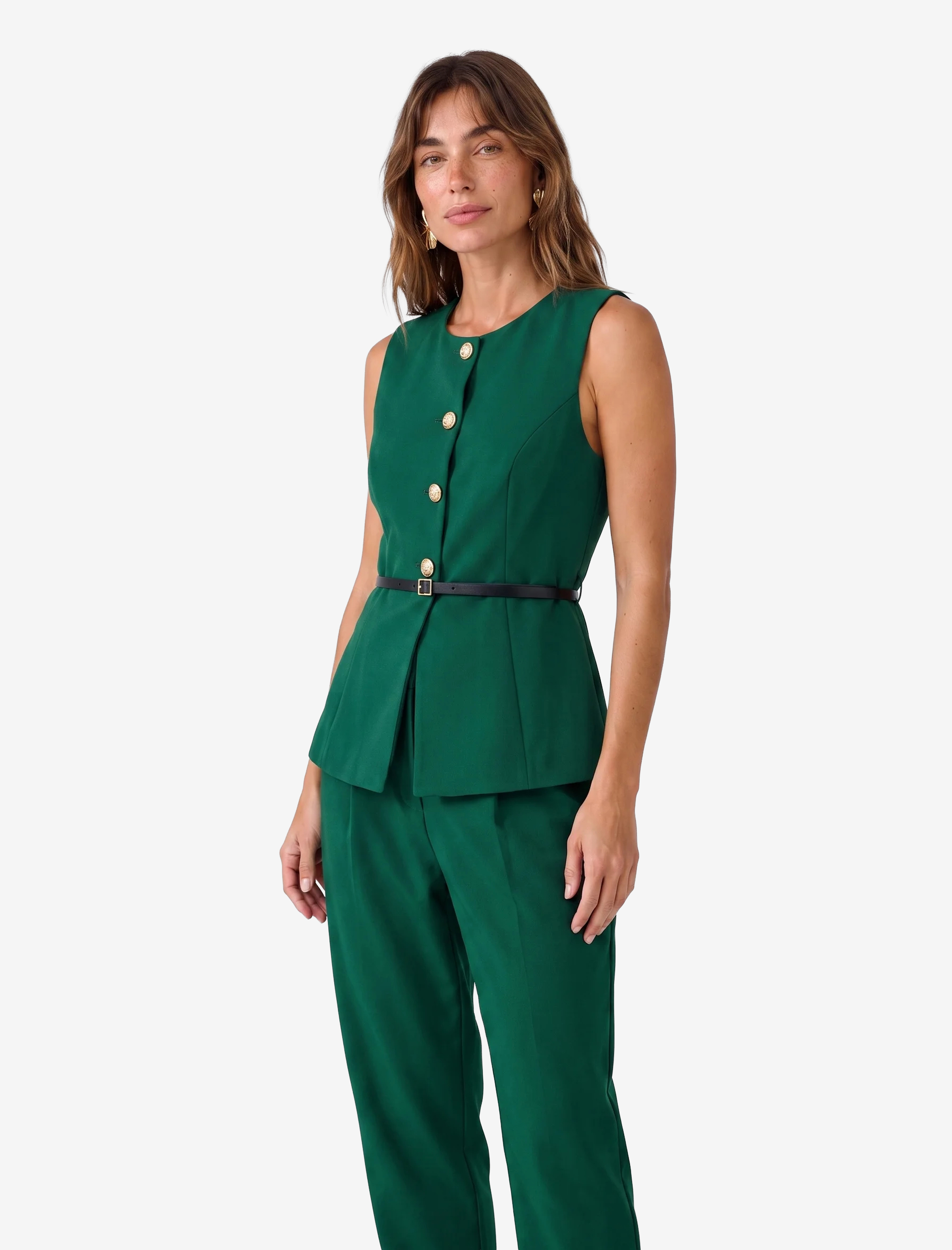   Slim Fit Mücevher Düğmeli Bisiklet Yaka Kemerli Peplum Yelek