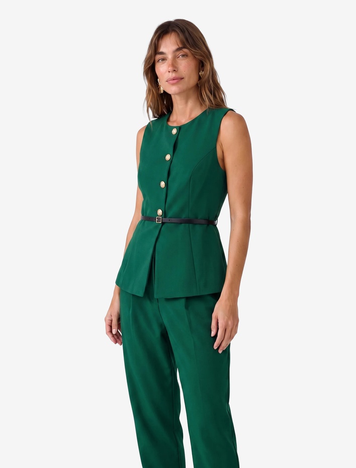  Slim Fit Mücevher Düğmeli Bisiklet Yaka Kemerli Peplum Yelek
