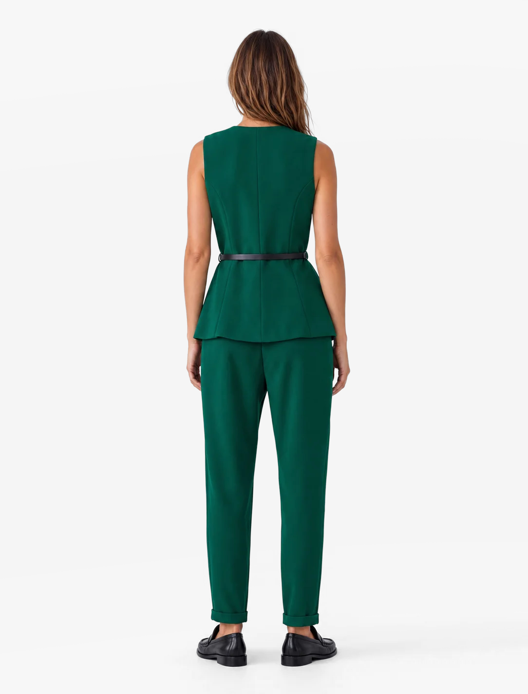   Slim Fit Mücevher Düğmeli Bisiklet Yaka Kemerli Peplum Yelek